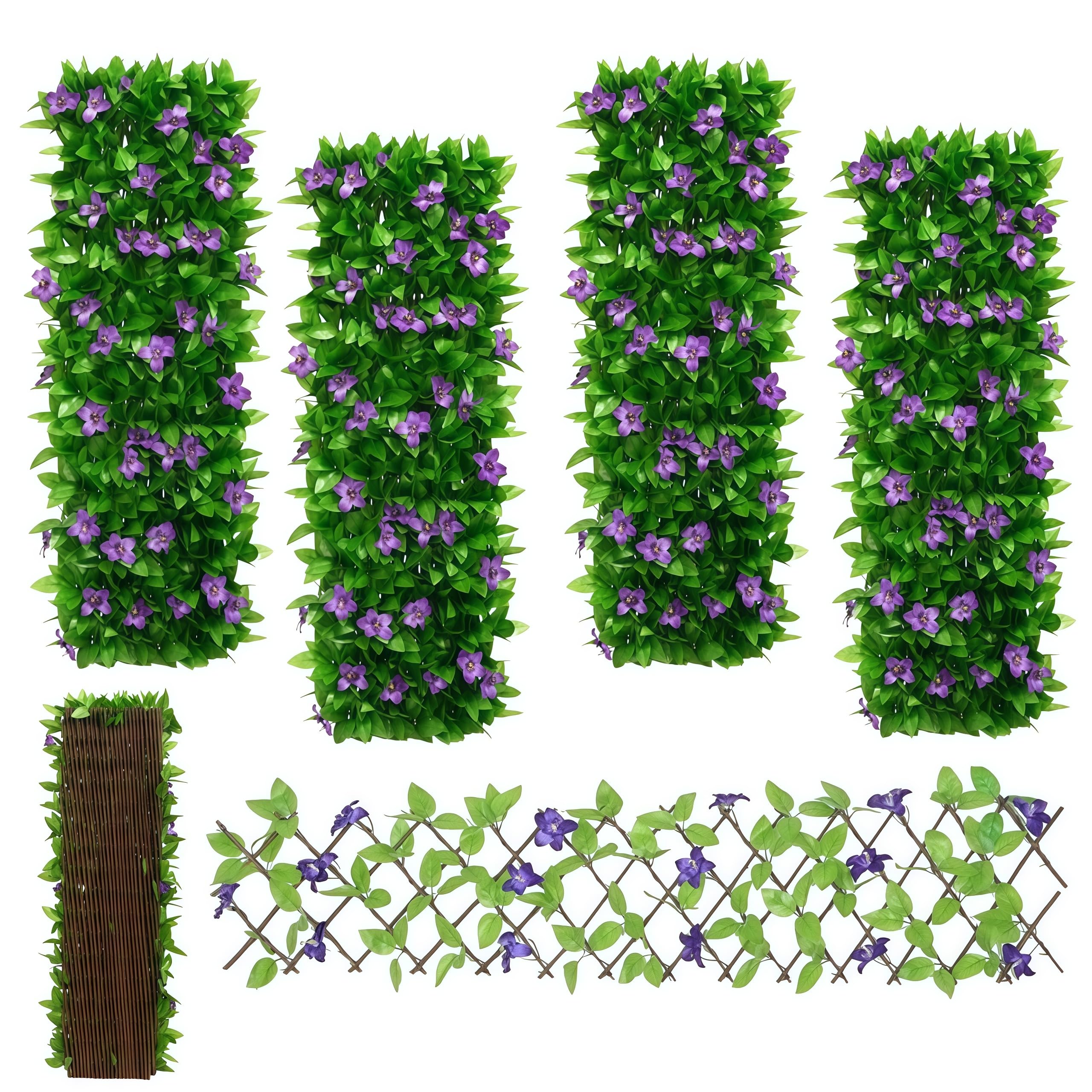 Artificial Ivy and Violet Flower Fence Screening,Expanding Garden Trellis Panels for Balcony Patio Outdoor,Decorative Faux Ivy Fencing Panel,Artificial Hedges 40x200cm- Expanded (A, 4PCS)