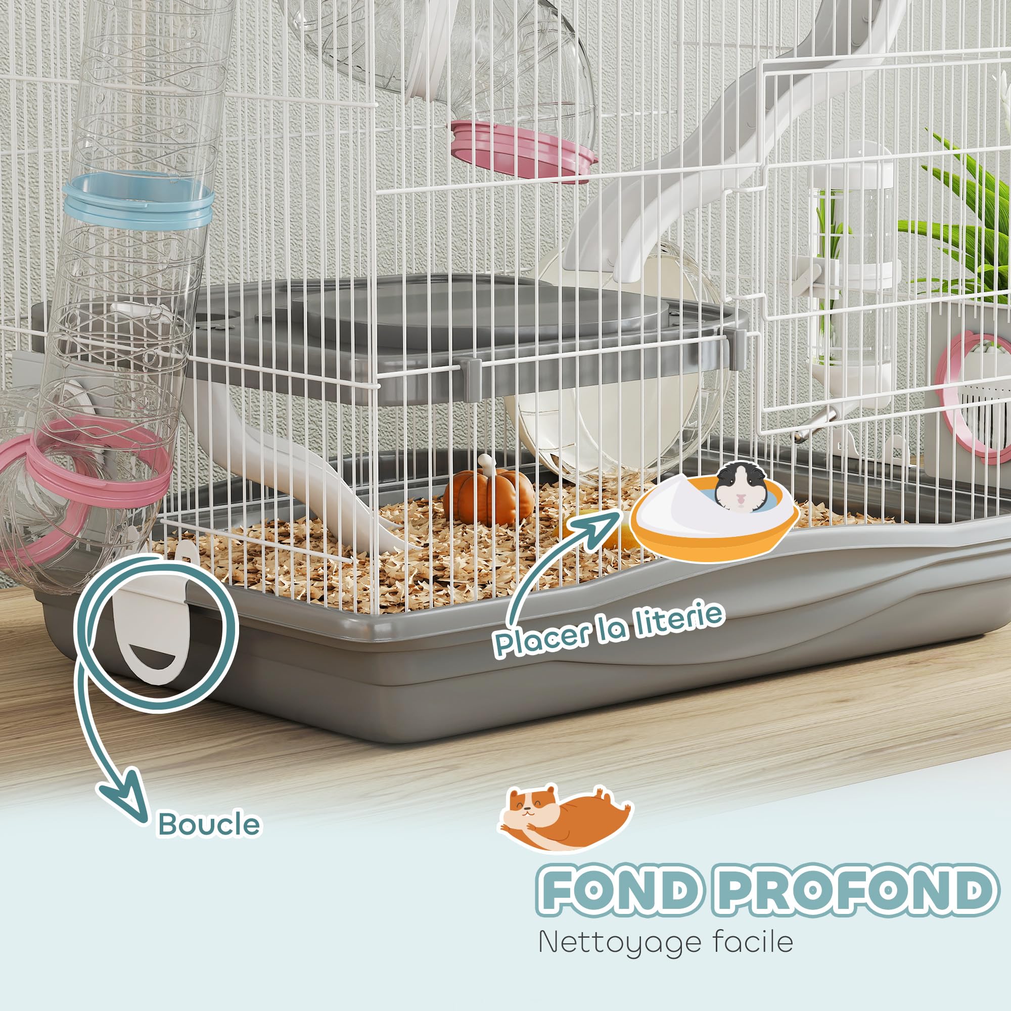 PawHut Cage Hamster, Cage Rongeur à 3 Niveaux, avec Roue d'exercice, Tunnel, gamelle, Niche et Rampe d'accès, pour Hamsters Nains et gerbilles, 45 x 30 x 45 cm, Gris | Cage Rongeur, Roue d'Exercice, Tunnel, Gamelle, Niche, Rampe d'Accès, pour Gerbilles