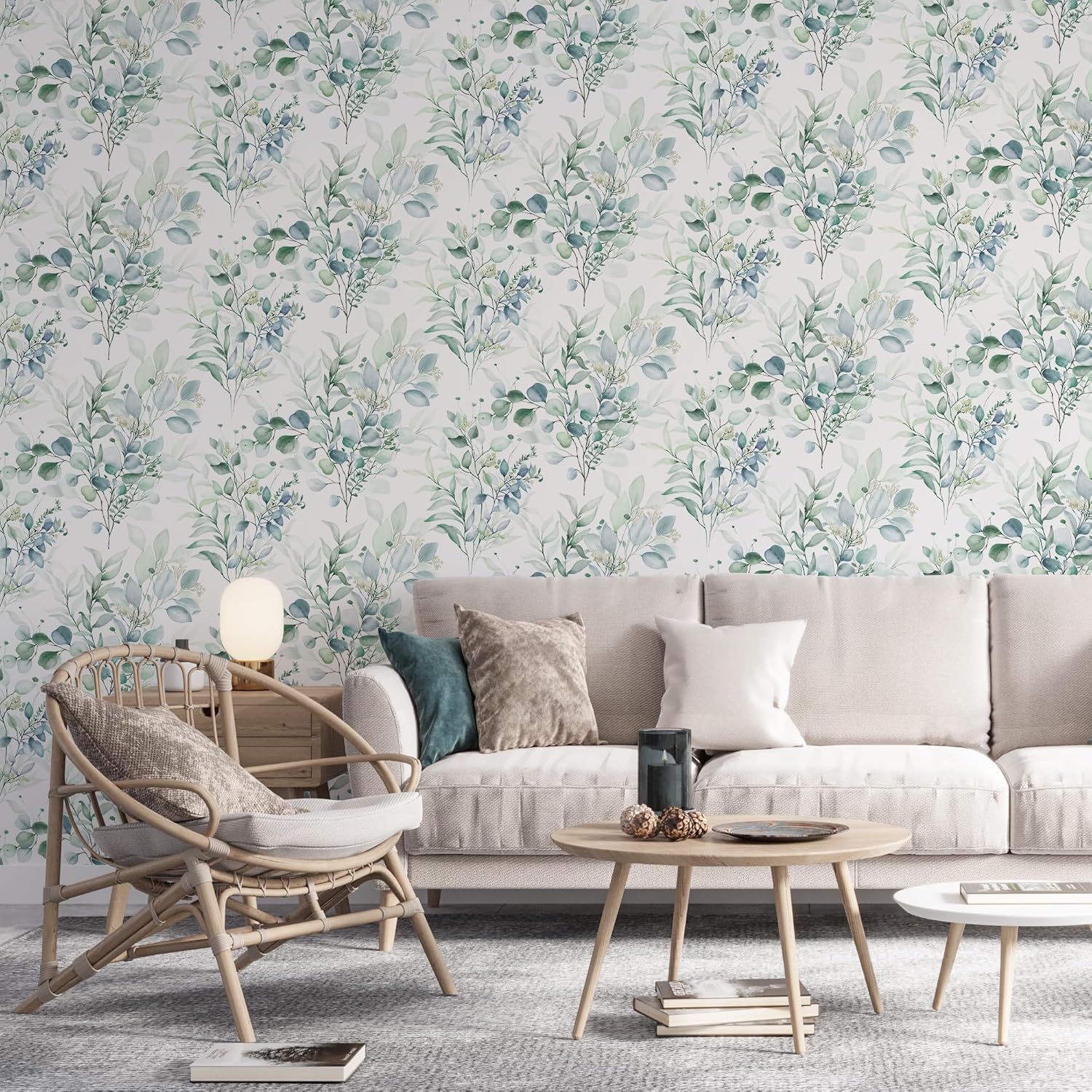 Boho Green Eucalyptus Leaf Peel and Stick Floral Wallpaper Removable Waterproof Contact Renter Friendly Wall Paper for Desk, Kitchen Cabinets, Bathroom, Bedroom Decor 17.3" x 79" TH8095-2