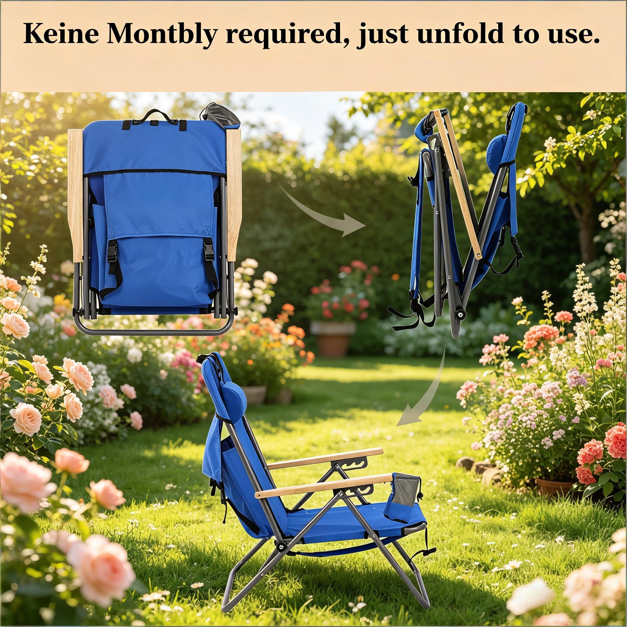 vutizal Klappbarer Campingstuhl mit 4-Fach Verstellbarer Rückenlehne, Leichter Liegestuhl für Strand & Garten, Picknickstuhl als Rucksack faltbar, bis 150 kg, blau