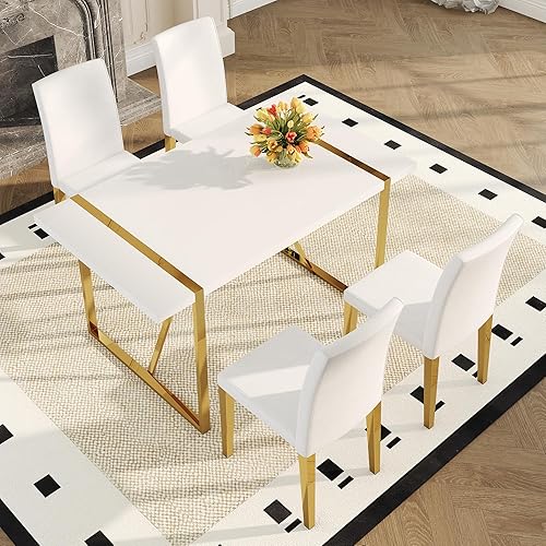 Miniatura 2 de Juego de mesa de comedor blanca de 55 pulgadas para 4, juego de mesa de comedor moderno para 4, mesa blanca brillante con sillas de piel sintética