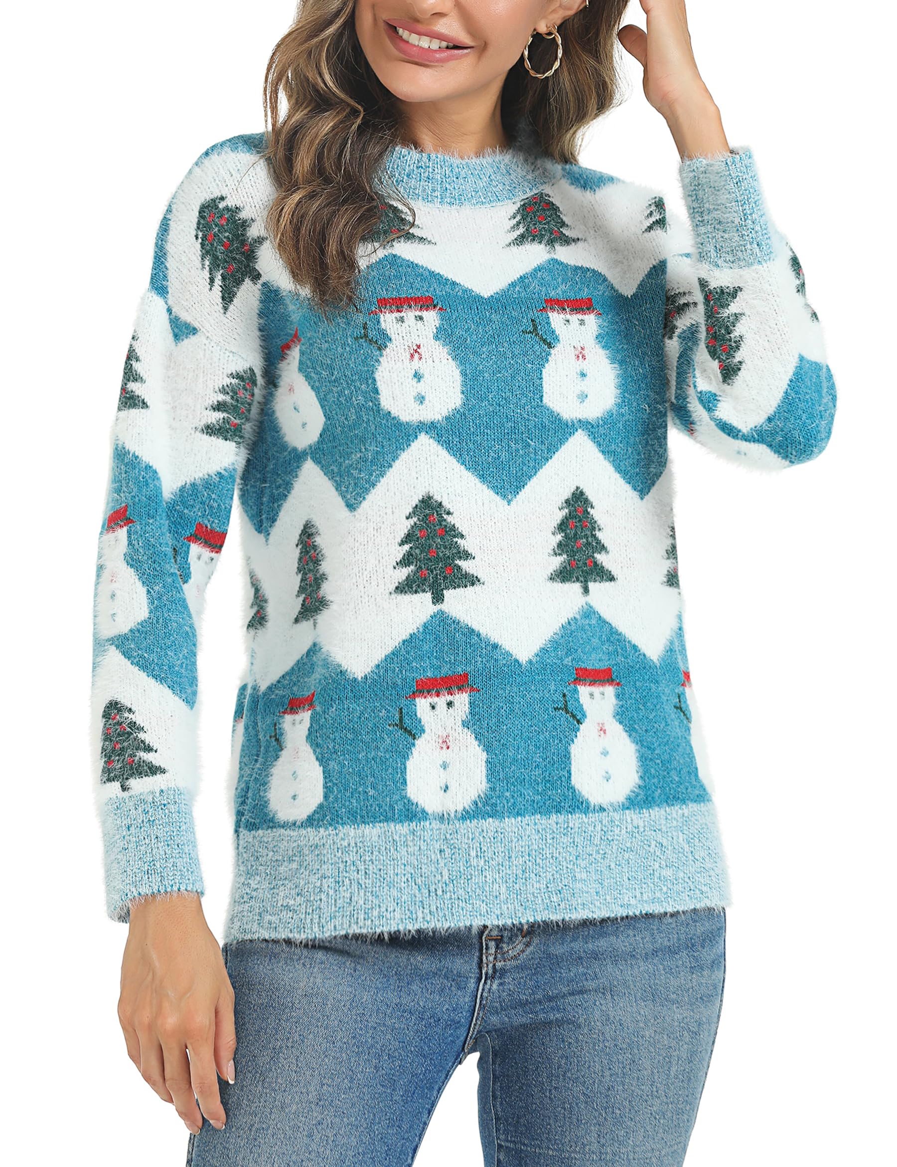 Marvmys Jersey Navideño para Mujer Manga Larga Suéter de Navidad Invierno Ropa de Punto de Reno Monigote de Nieve Cuello Redondo