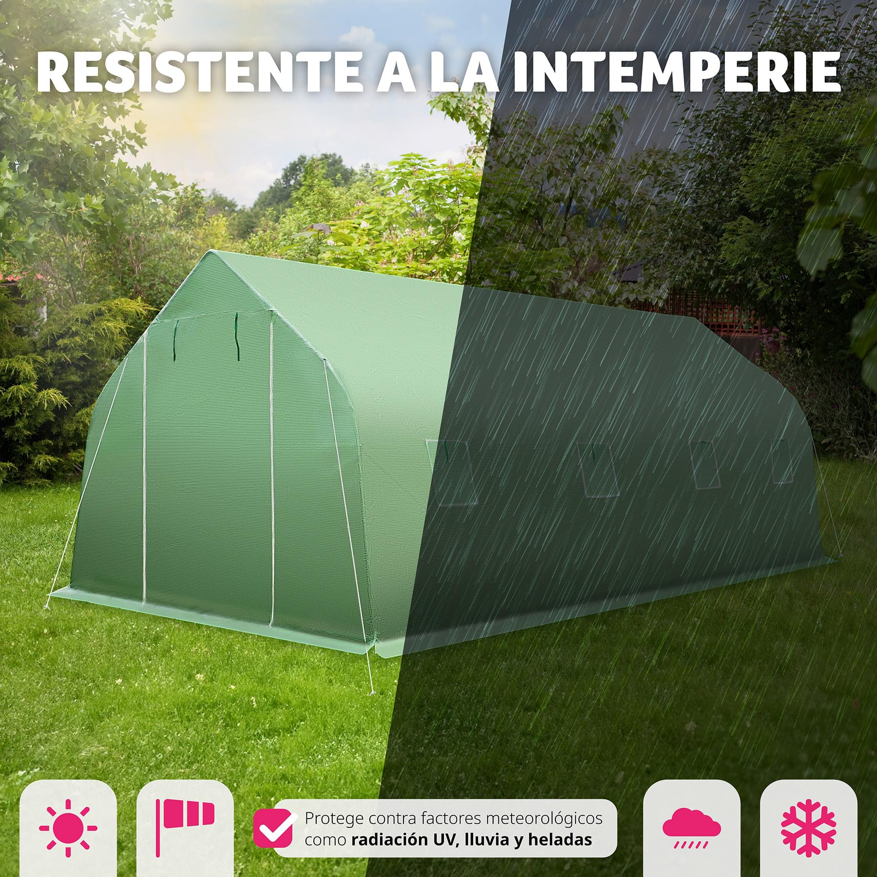 tectake® Invernadero Exterior de Policarbonato y Metal, Cubierta de PE contra UVA, Invernadero Terraza 143x143x195cm, Caseta Jardin Exterior, 8 Ventanas, Puerta Enrollable, Ideal Huerto y Jardín
