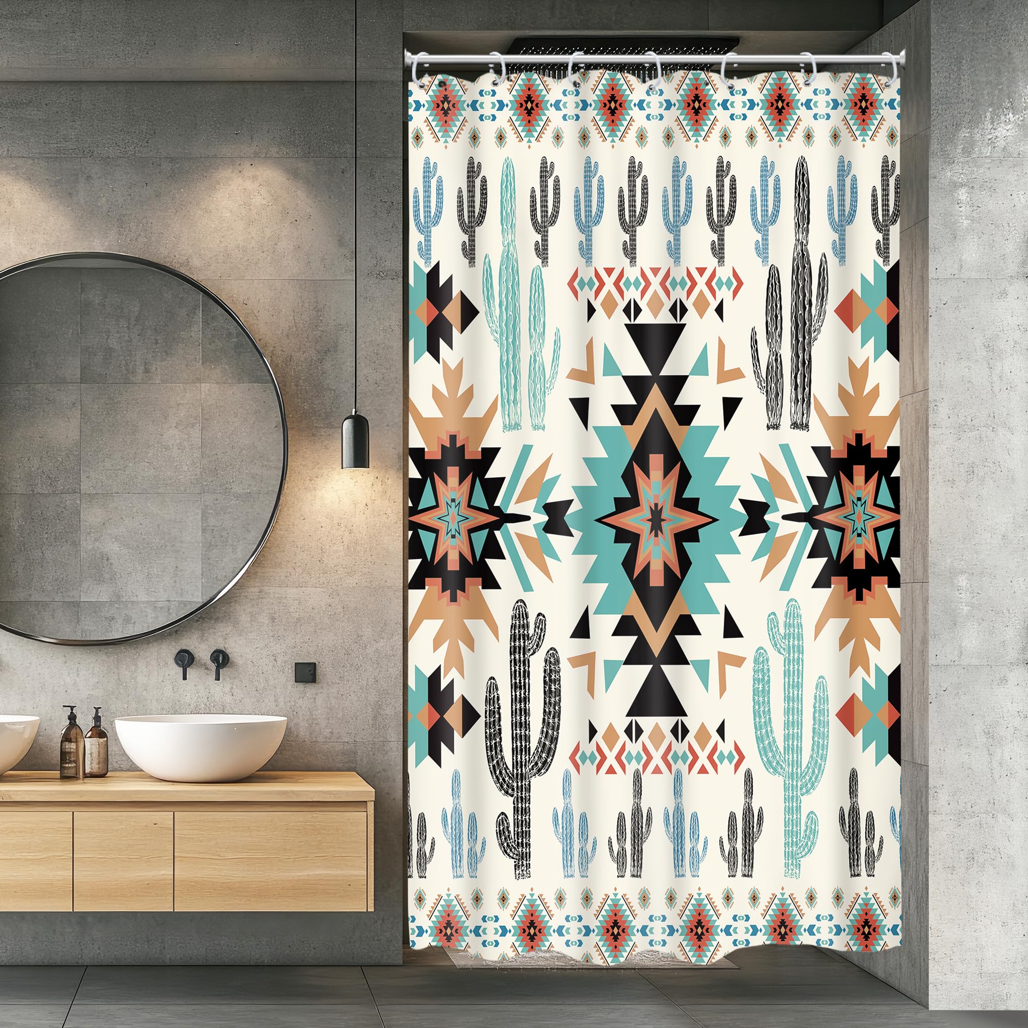 Newsely Small Stall Western Aztec Cactus Shower Curtain 36Wx72L Inch RV Boho Geometry Narrow Aesthetic Minimalism Adults Bathroom Set Vintage Waterproof Bath Decoration Accessories Home Decor — image 1