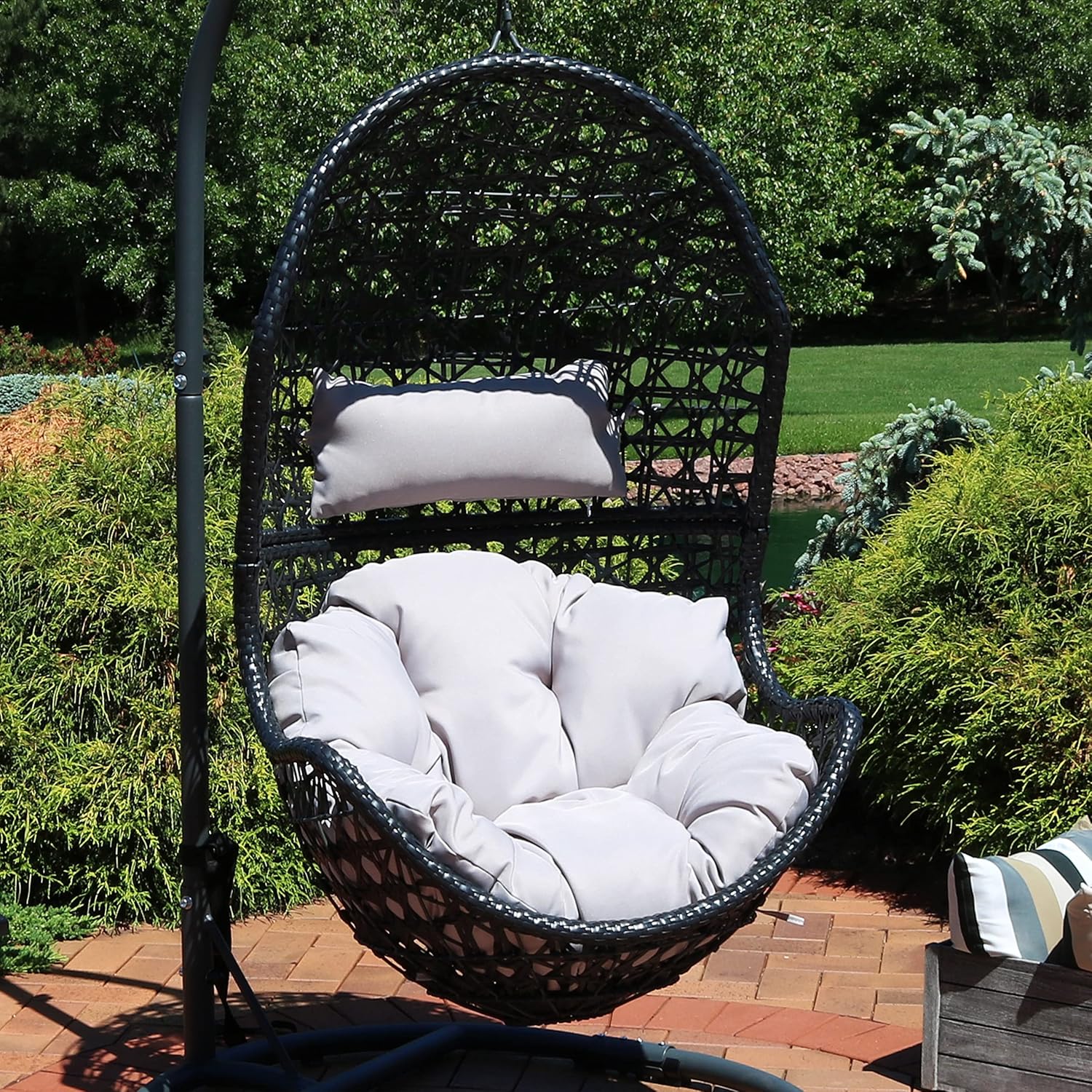 Sunnydaze Cordelia Egg Chair with Cushions -Resin Wicker Hanging Chair with 265-Pound Weight Capacity - Hanging Swing Includes Gray Polyester Cushion and Headrest