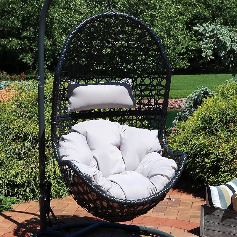 Sunnydaze Cordelia Egg Chair with Cushions -Resin Wicker Hanging Chair with 265-Pound Weight Capacity - Hanging Swing Includes Gray Polyester Cushion and Headrest image 5