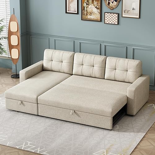 Sleeper Sofa Couch with Pull Out Bed,L Shaped Sleeper Sofa with Storage,Sectional Sleeper Couch,Convertible Sleeper Sectional Sofa W/Reversible Chaise & Back Cushion,for Living Room,Office