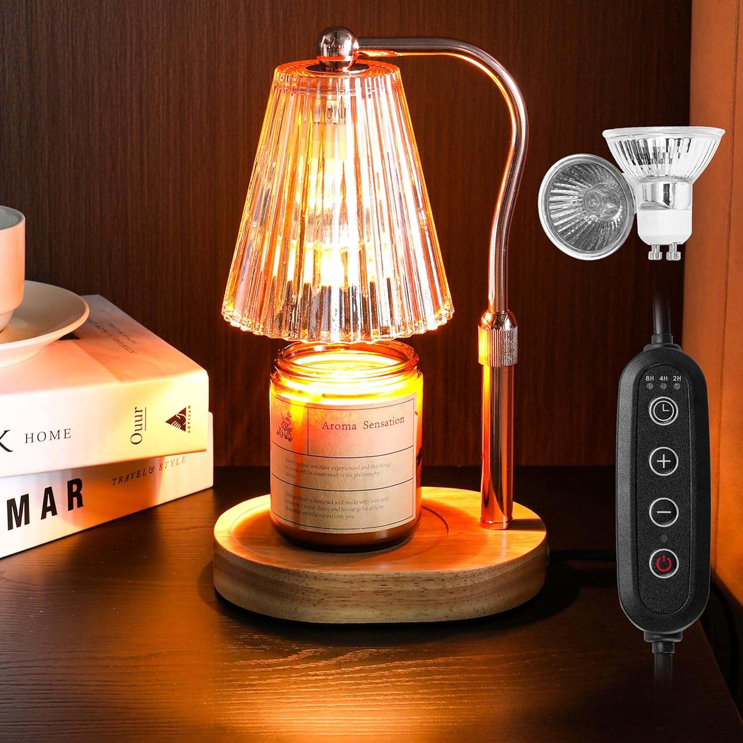 Dimmable Candle Warmer Lamp with Timer – Rose Gold Stem, Adjustable Height Candle Lamp – 4 Brightness Levels, Flameless Halogen Wax Warmer with Wood Base – Bedroom, Office, or Housewarming Gift