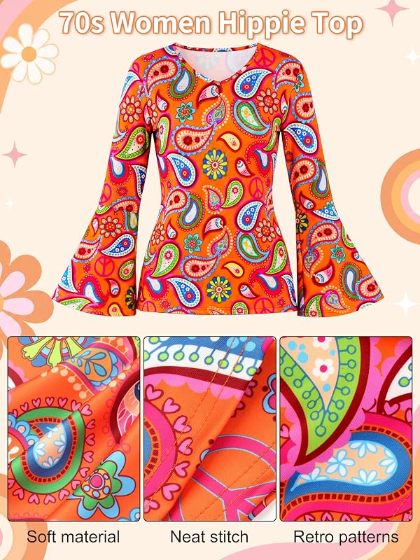 SOMSOC 7 Pack 70s Women Hippie Costume Set Boho Flared Pants Tie Dye Headband Necklace Earrings Wig for Halloween Cosplay by SOMSOC - Used condition - Image 3