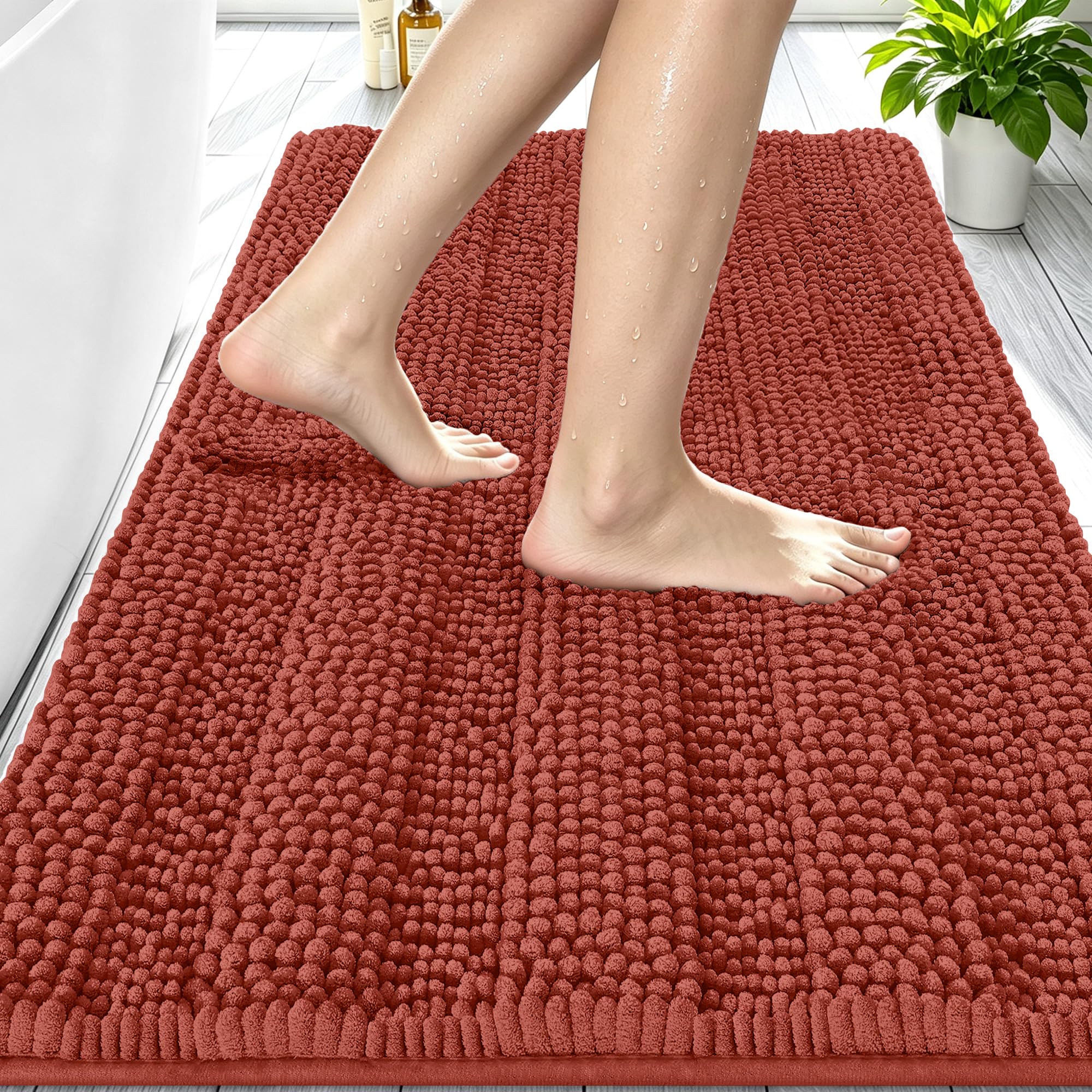 Smiry Thick Small Chenille Bathroom Rugs 24x16, Bath Mat, Rustic Terracotta