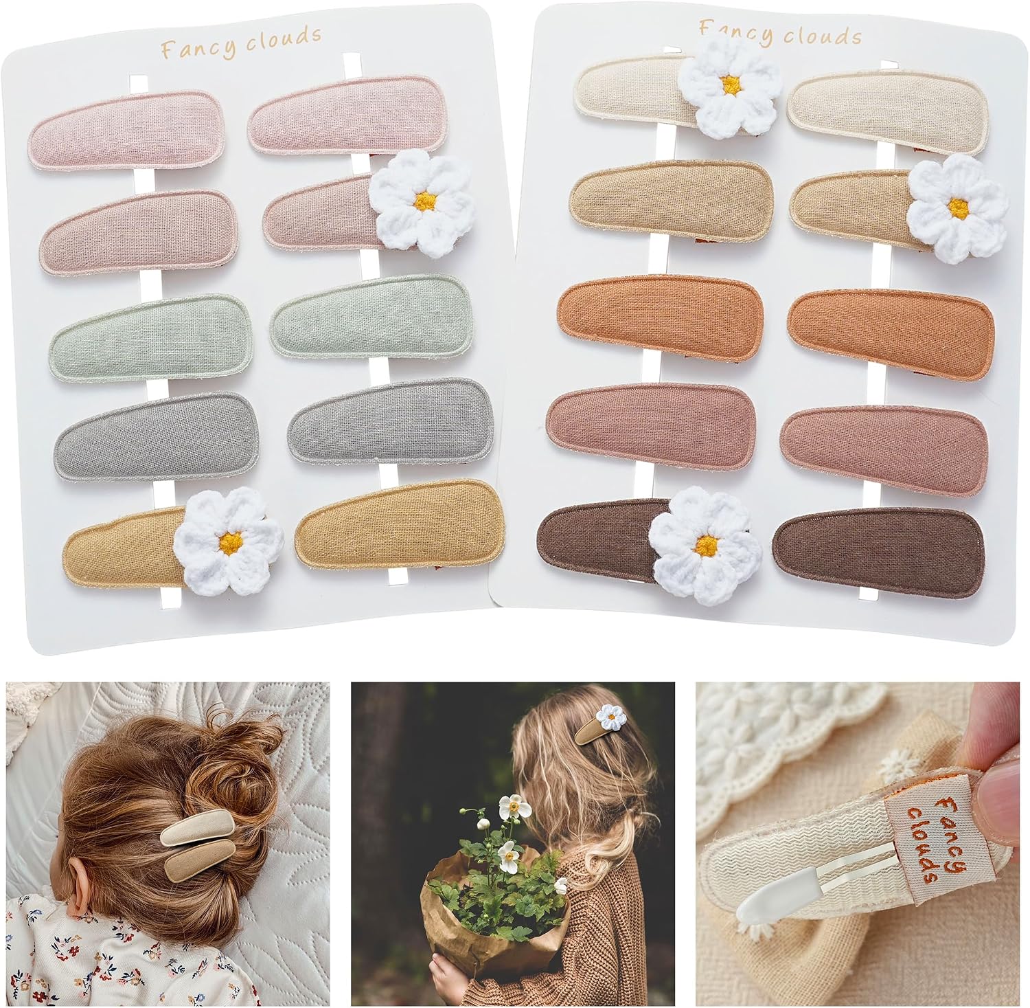Fancy Clouds 20'li Paket Bebek Saç Klipleri Kızlar için Yürümeye Başlayan, Nötr Kumaş Çıtçıtlı Klipsler Nakış Papatya Çiçeği, El Yapımı Saç Aksesuarları Okul Çağı Çocuklar Çocuklar için Tokalarım