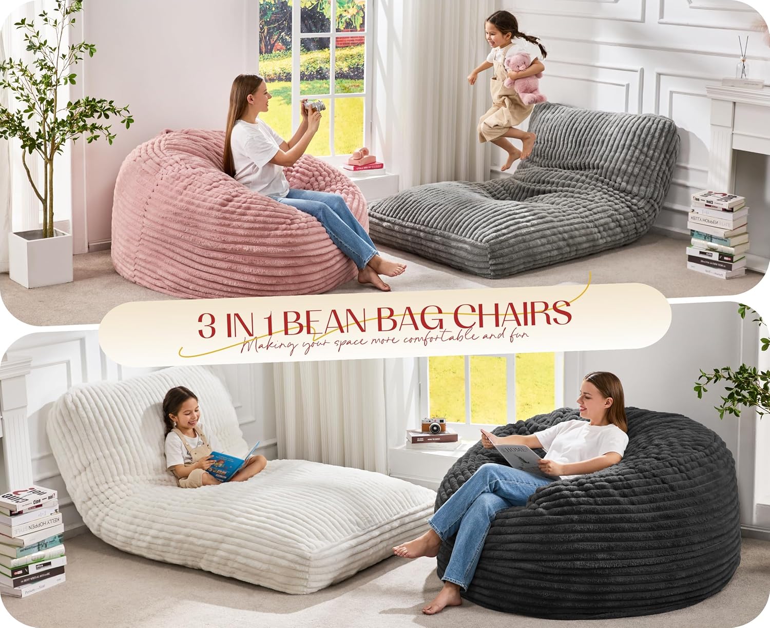 Hobestluk Bean Bag Chair Convertible Beanbag Chairs for Adults, 3 in 1 Bean Bags with Stripe Cover, Adult Bean Bag Chair for Living Room, Bedroom (White, Twin)