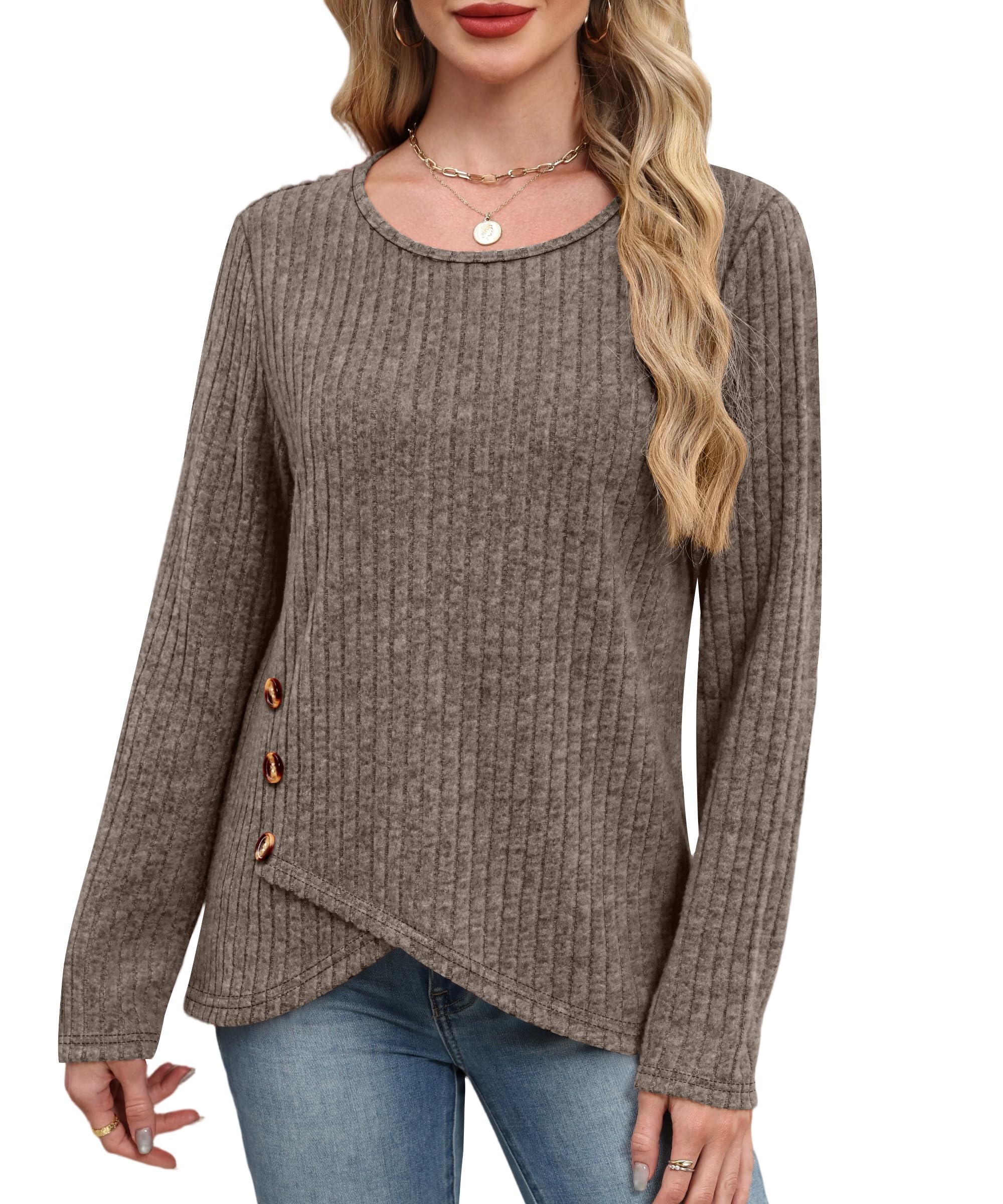 XIEERDUO Tunic Sweaters for Women Long Sleeve Shirts Crew Neck Tops with Buttons Fall Fashion Outfits Winter Clothing