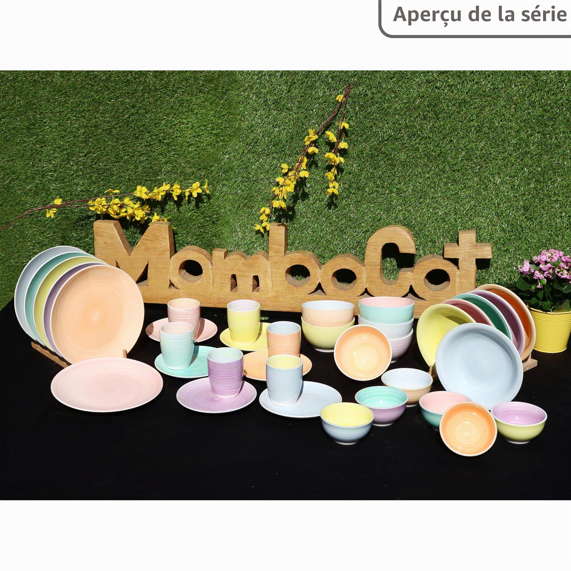 MamboCat Pastello Lot de 18 Assiettes Multicolores en Faïence pour 6 Personnes I 6 Plates, 6 Creuses et 6 à Gâteau I Vaisselle Bicolore