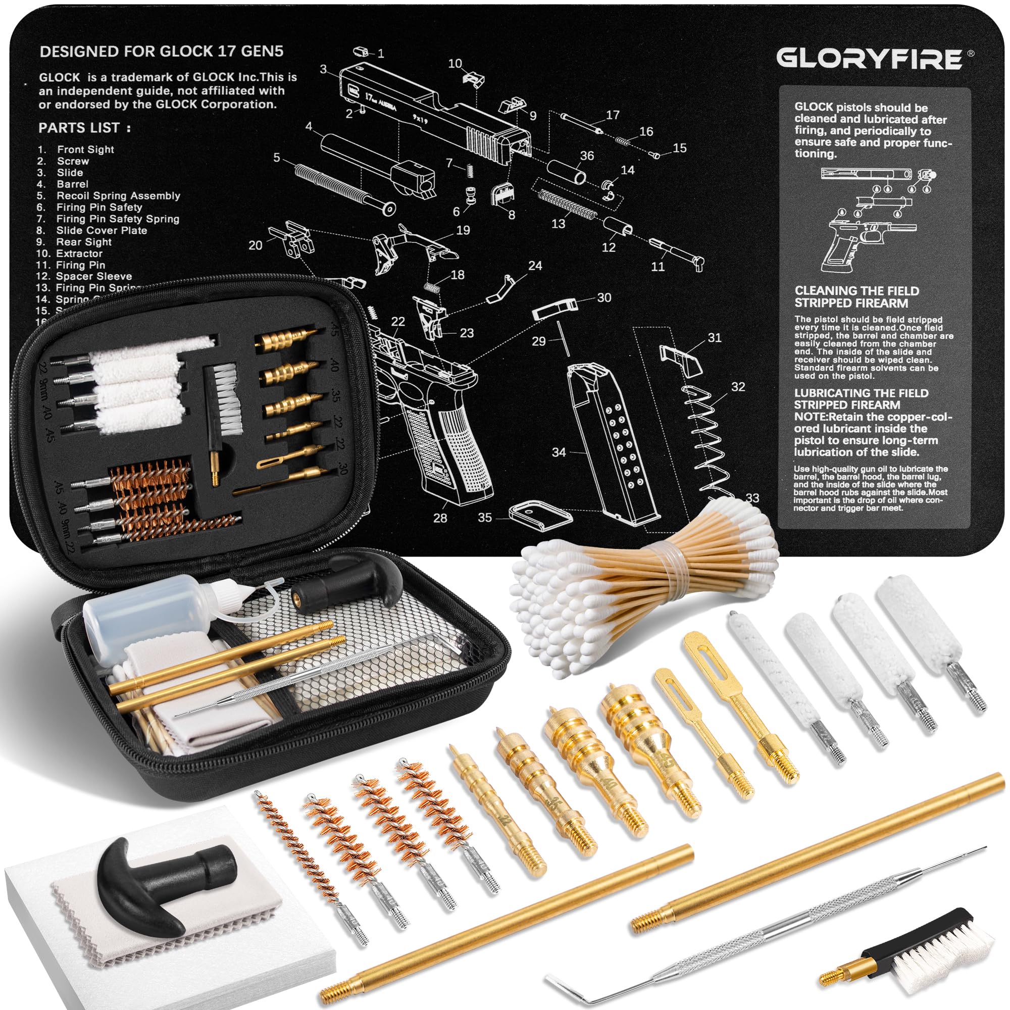 GLORYFIRE Gun Cleaning Kit Handgun Cleaning Kit Pistol Cleaning Kit .22.357/9mm.40.45 Caliber Brass Jags Tips for Hunting Shooting