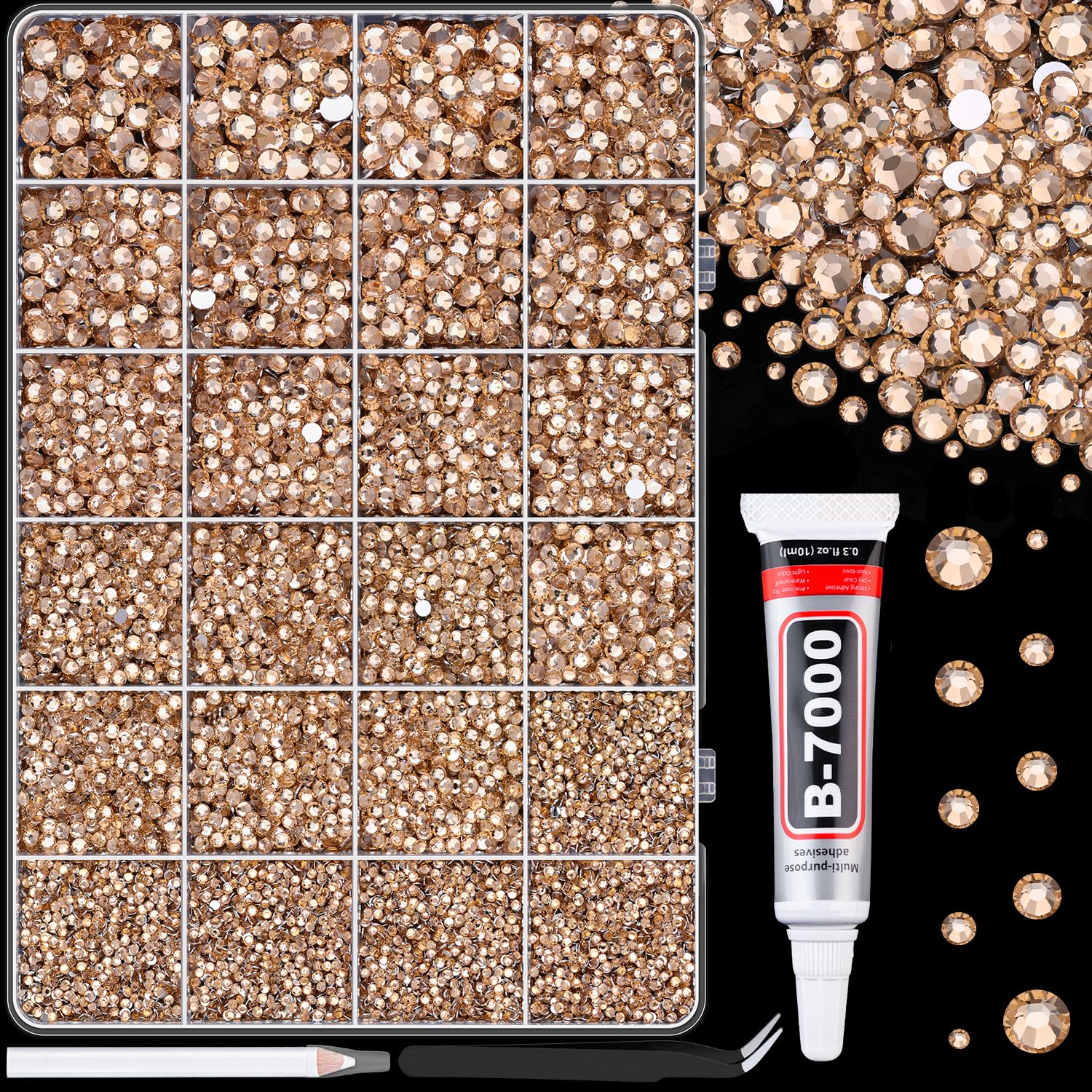 TINKRSTUFF Champagne Resin Rhinestones Mixed Sizes (25000 Pcs) | Craft Bead with Glue & Tools - main product image