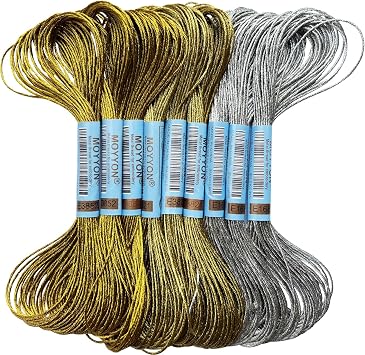 9 Skeins Embroidery Thread, 3 Colors Metallic Embroidery Floss Set, Polyester Cross-Stitch Threads for Hand Embroidery, String ArtDark Gold,Light Gold,Sliver