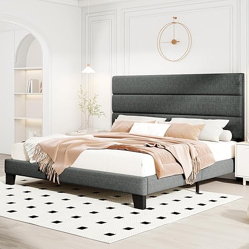 Miniatura 31 de HOOMIC Base de cama de tamaño matrimonial con cabecero, plataforma tapizada de tela con soporte de listones de madera fuerte, base de colchón, no