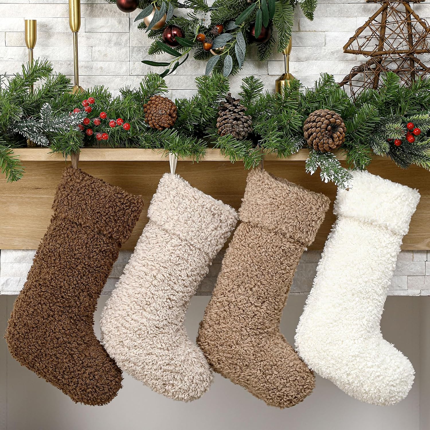 4 Pcs Christmas Sherpa Fabric Stockings Faux Fur Socks Christmas Fireplace Hanging Socks for Holiday Party Gifts Decoration, 20 Inch
