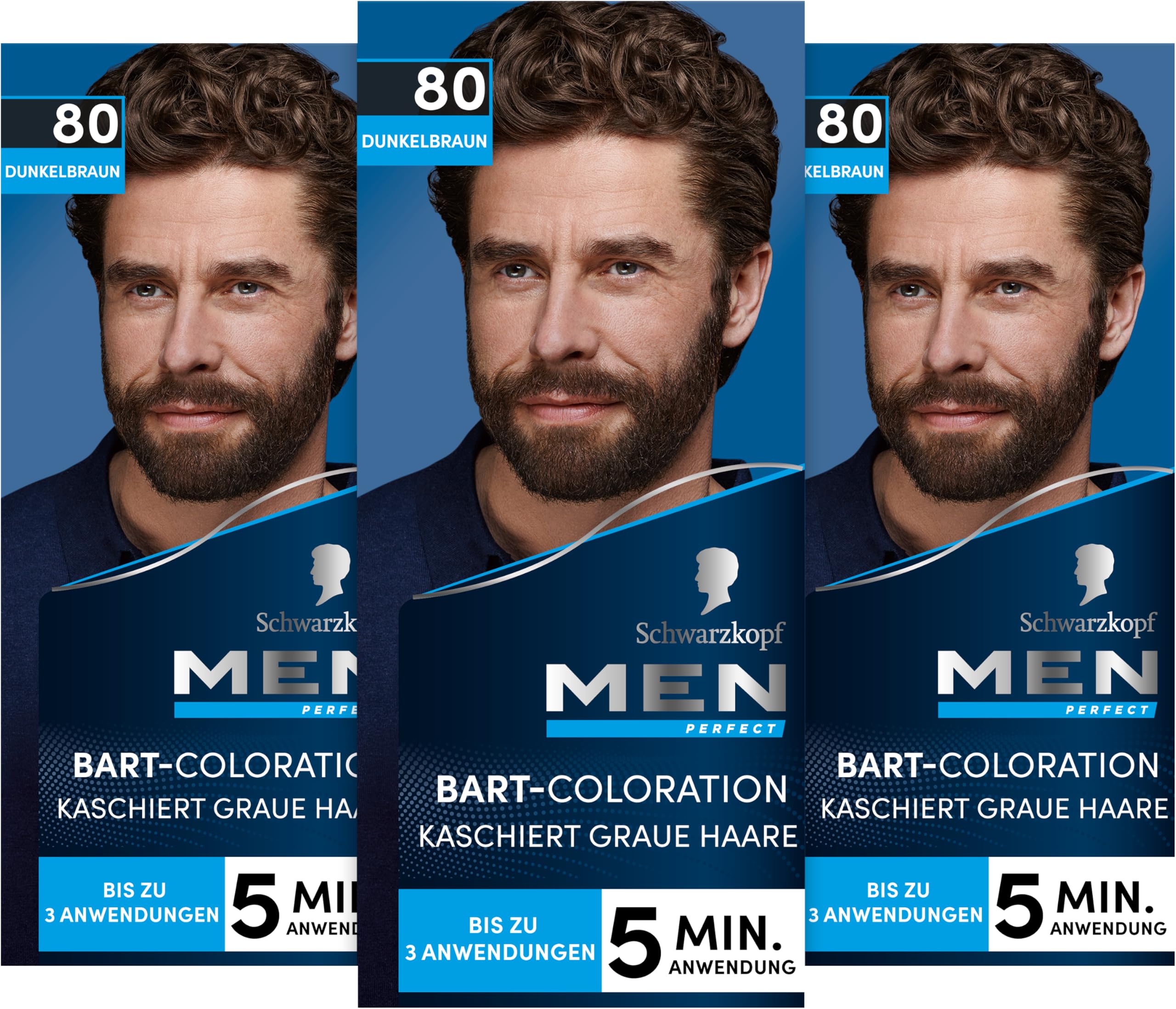 Schwarzkopf Men Perfect Bart-Coloration 80 Natur Schwarz-Braun Stufe 2 (3 X 30 ml), Bartfärbemittel zum Kaschieren grauer Haare für ein natürlich aussehendes Ergebnis, schnelle Anwendung