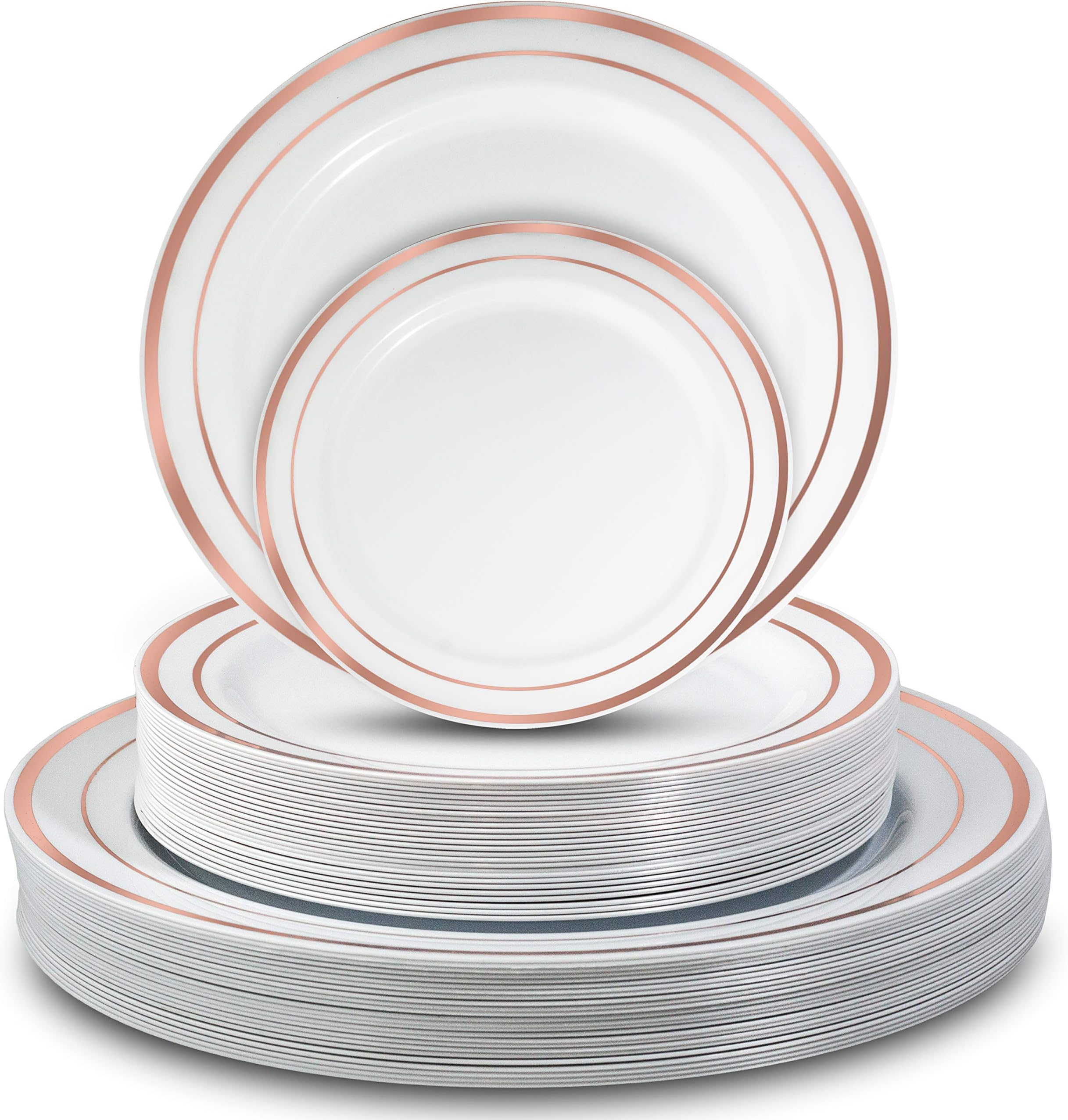 Disposable Plastic Plates - 50 Pcs. Sturdy and Stylish Party Tableware. 25 Dinner Plates and 25 Side/Bread/Dessert/Salad Plates. White with Rose Gold Band. for Elegant Occasions. by Yorparty