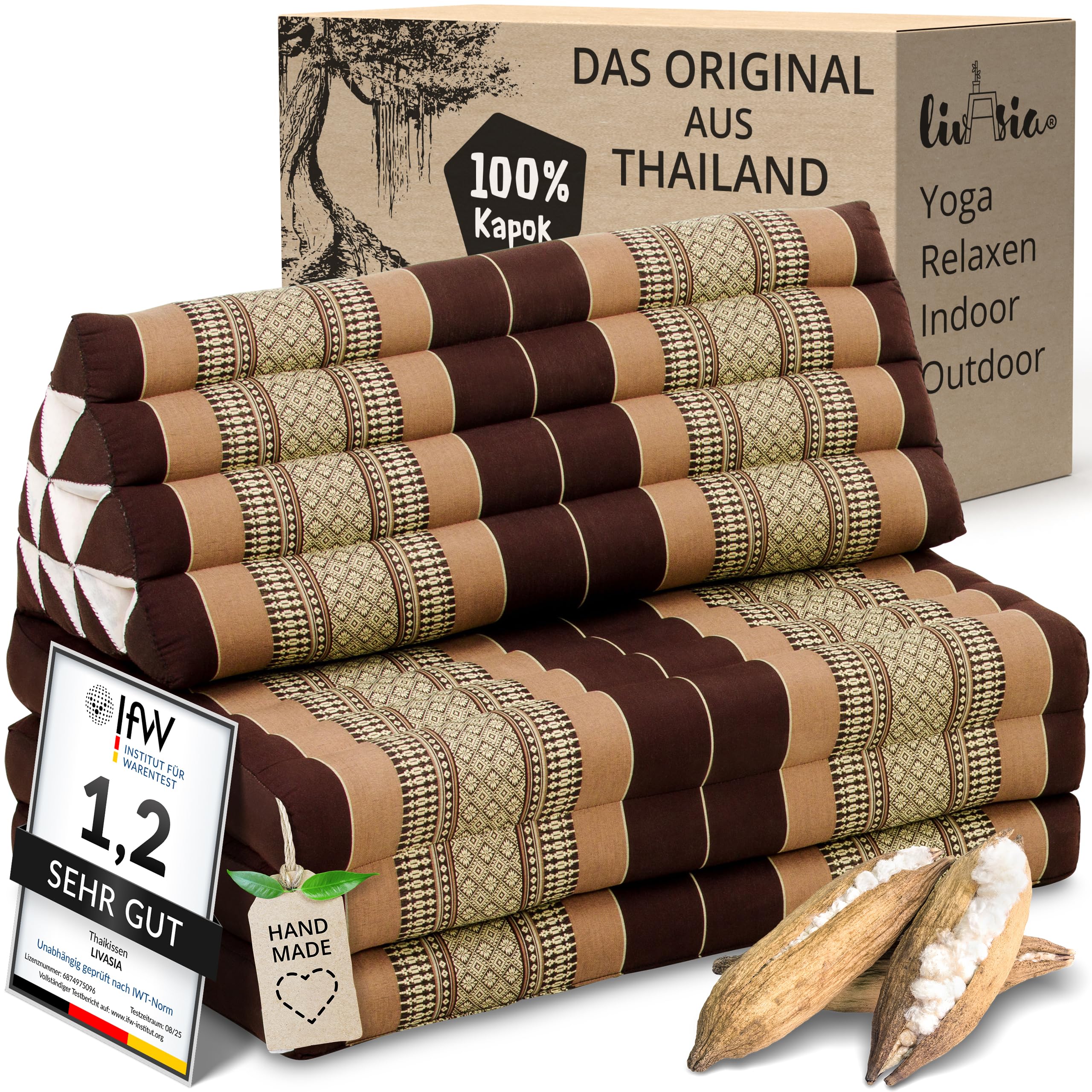 livasia Thaikissen 3 Auflagen für Paare XXL - 190x80x8cm - Dreieckskissen Klappmatratze, extrabreit Kapok, Rückenkissen faltbar, Thaimatte zum Klappen, Meditationskissen (Braun)