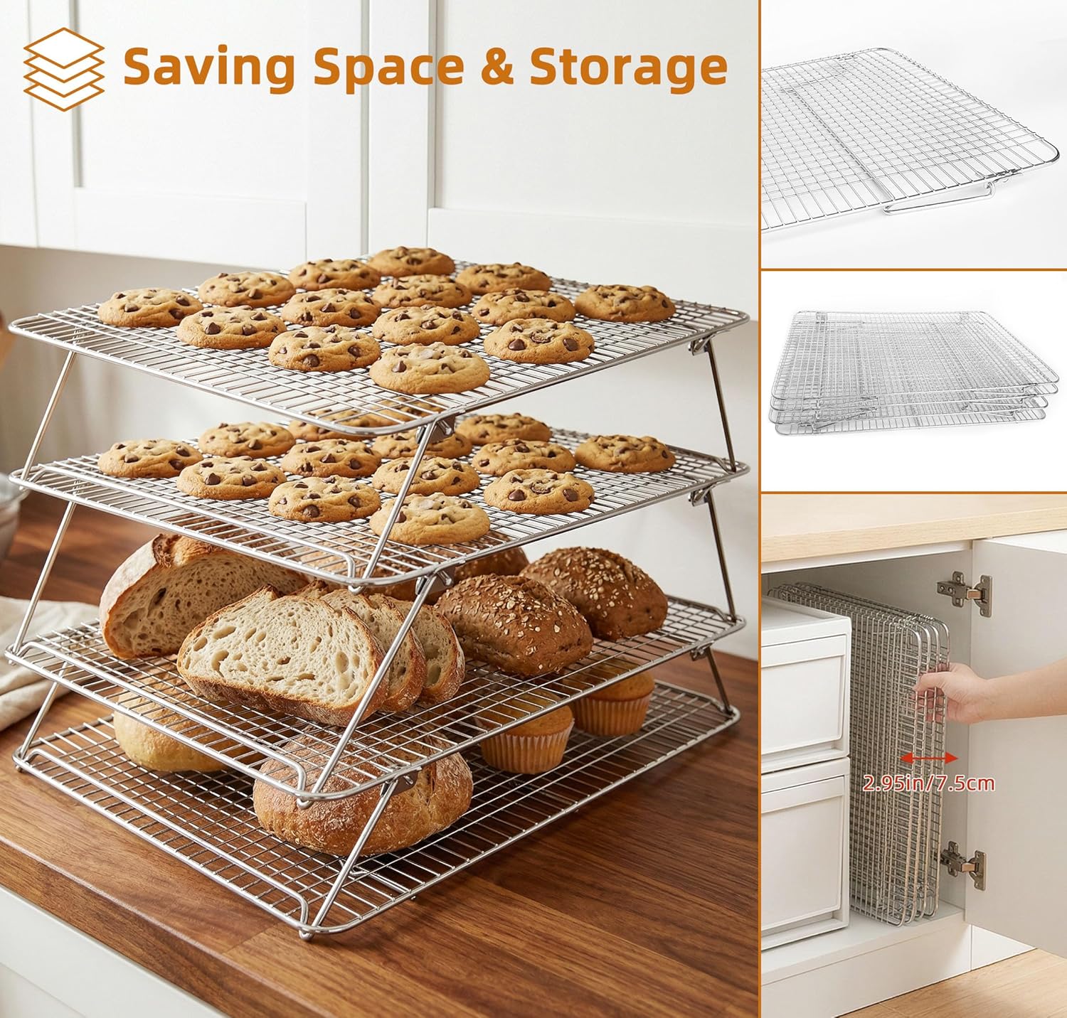 4 Tiers Bread Cooling Rack Sourdough, Collapsible Baking Rack for Oven Cooking 12"x 16.5" for Half Sheet, Wire Rack Stackable Stainless Steel Rack for Cookie, Cake, Bacon and Jerky