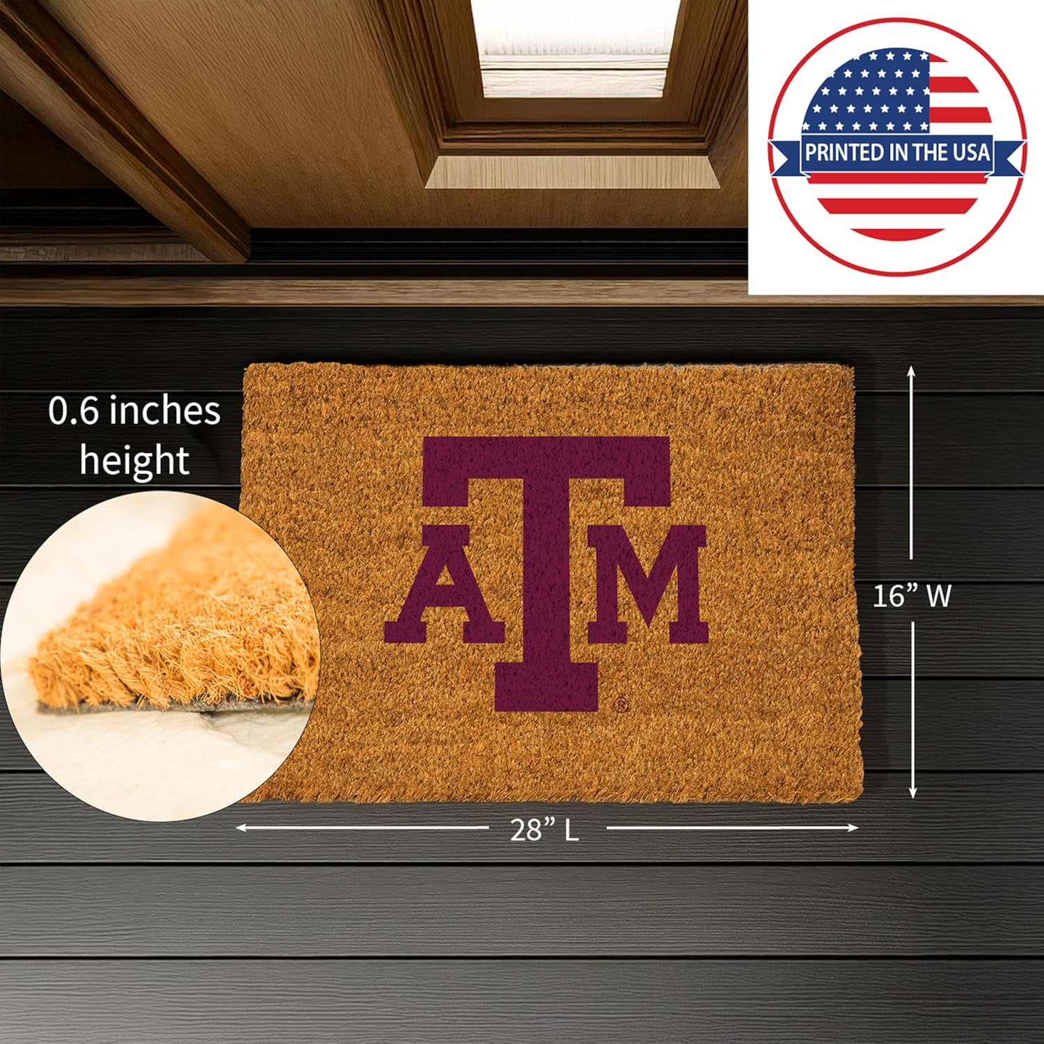 Team Sports America NCAA Texas A&M Natural Coir Doormat | Official Full Color Team Logo | 28 x 16 Inches | Non Slip Back | Front Door Welcome Floor Mats | Indoor Outdoor Entrance Rug
