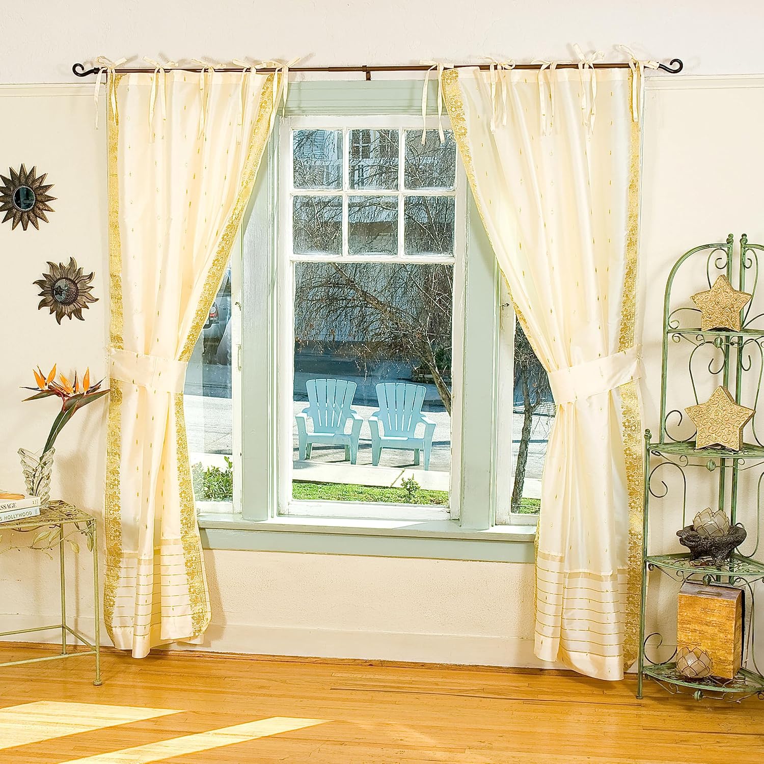 Handcrafted Cream Indian Sari Curtains, Tiebacks Included Lined Tie Top Sari Sheer Curtains, 43" W x 24" L, Privacy & Insulation for Living Rooms, Bedrooms, and Dining Rooms, Sold in Pairs