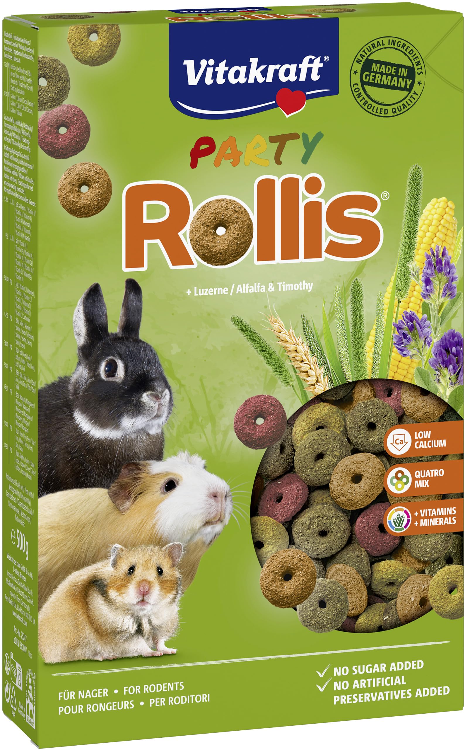 Vitakraft Rollis, anelli croccanti per roditori,poveri di calcio,con erba medica,a completare l'alimento principale o come snack tra un pasto e l'altro, senza zuccheri e cereali(7x 500g)