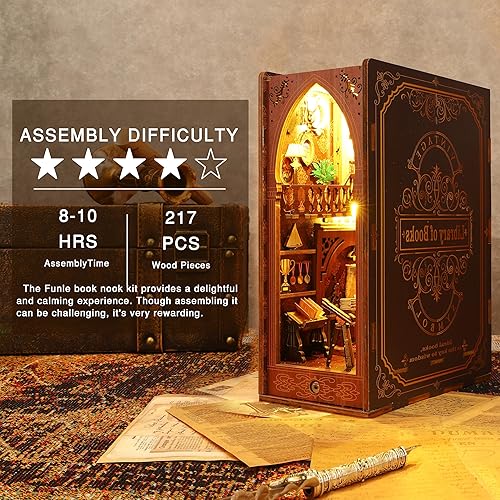 Miniatura 2 de Kit de rincón de libros para adultos, kit de casa en miniatura de madera, rompecabezas 3D para adultos, inserto creativo de rincón de libro para
