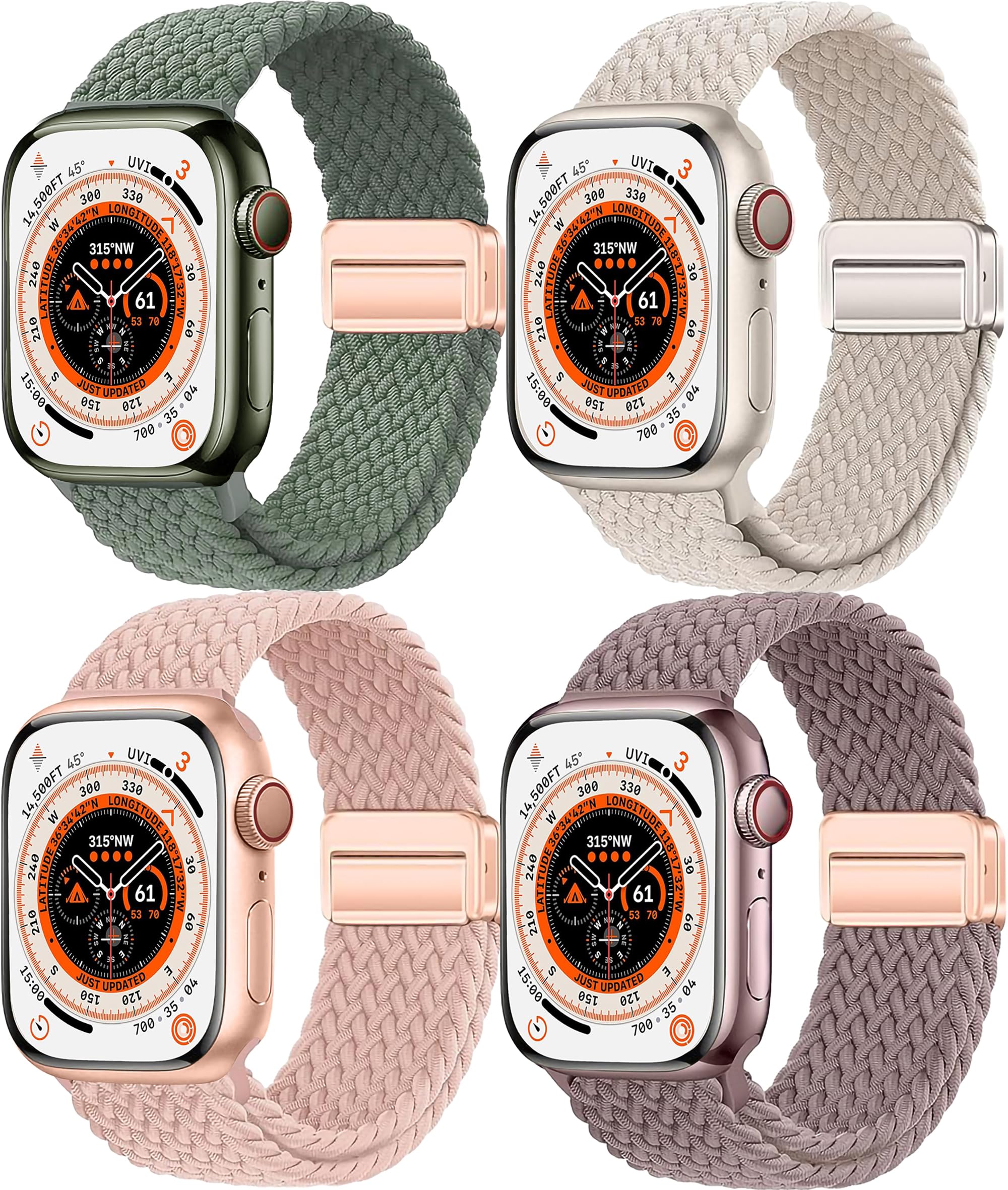 Osber 4 Pack Braided Magnetic Band Compatible with Apple Watch Women Men Kids 41mm 40mm 38mm, Stretchy Nylon Sport Loop Strap for iWatch Ultra 2/1 Series 9 8 SE 7 6 5 4 3 2 1