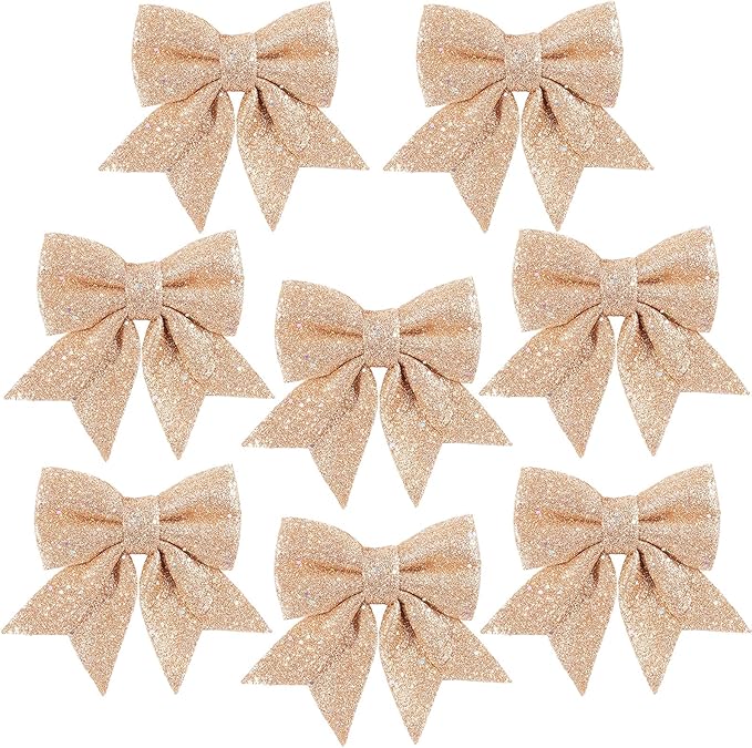 8 Pack Rose Gold Bows for Christmas Tree,5.5 Inch Glitter Wreaths Bows