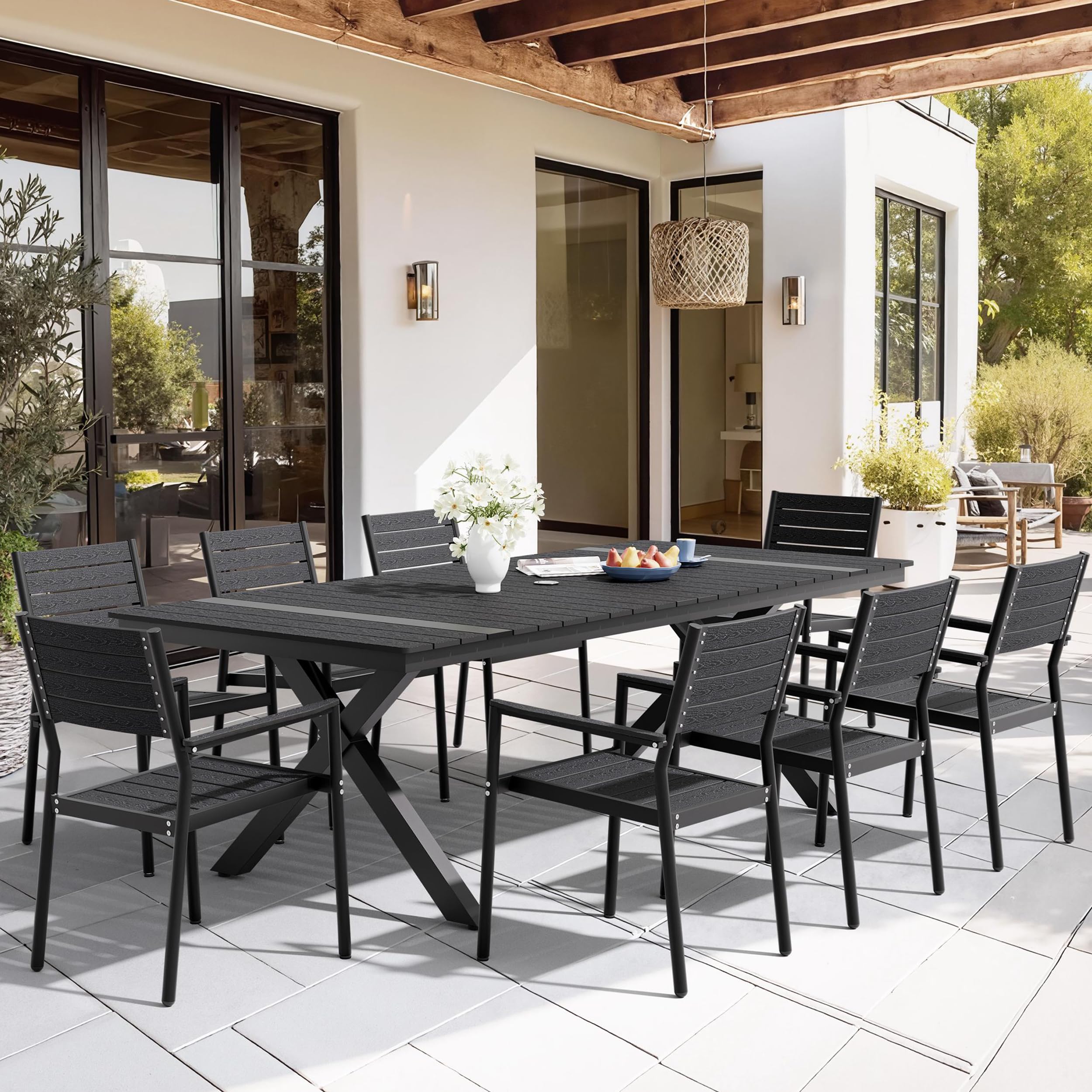 Pellebant modern outdoor patio dining set for 8 with wood-grain slatted chairs