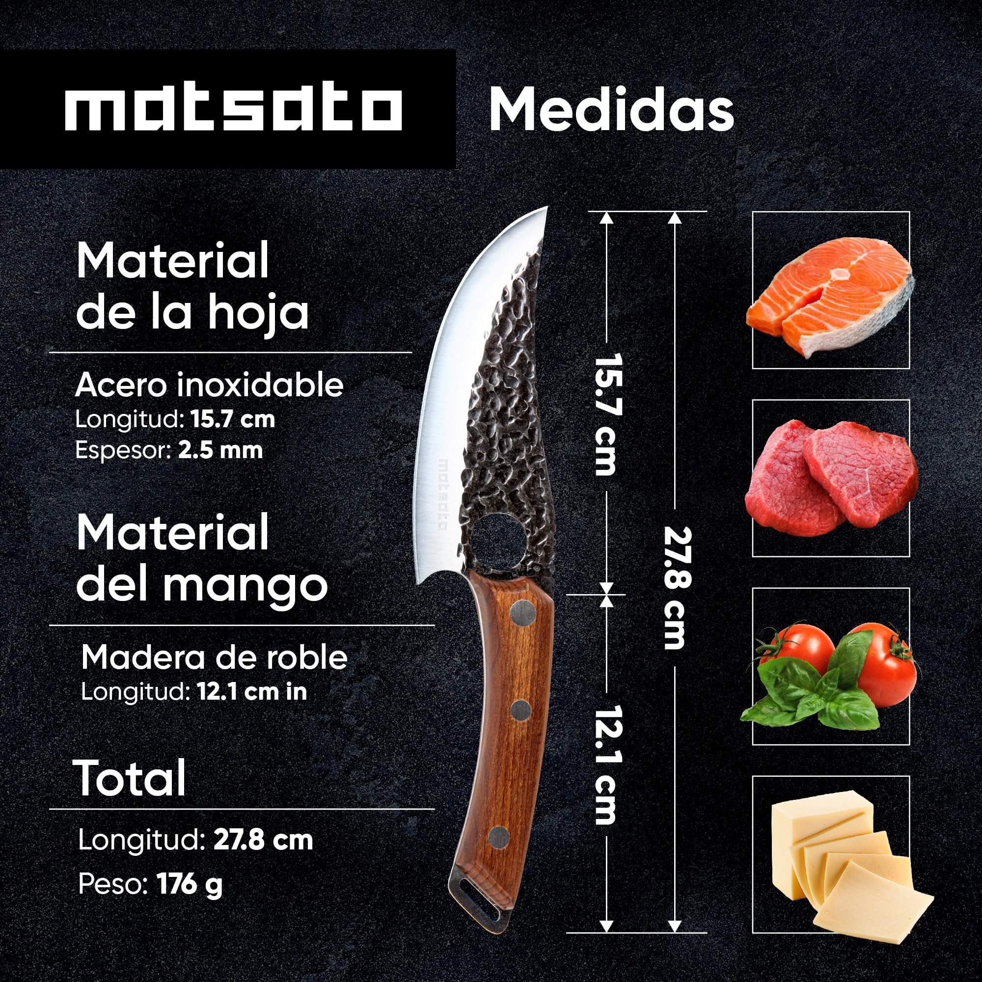 Matsato Cuchillo de Cocinero con Funda de Cuero, Acero Japonés | Mango de Madera de Roble, incl. Funda de Cuero Acolchada con Botón de Presión, Limpiar a Mano.