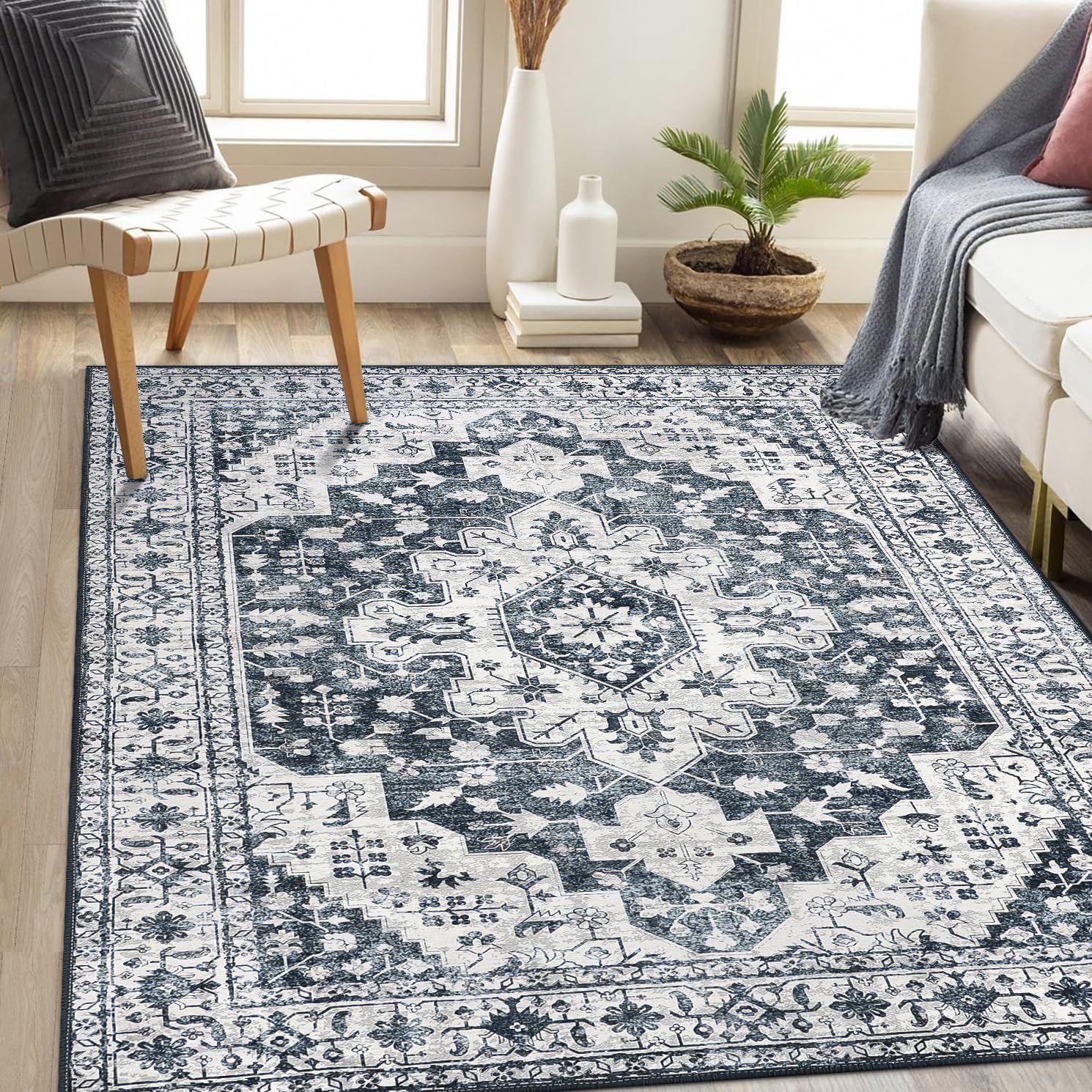 Tapis de cuisine antidérapant style vintage bleu et gris pour la maison