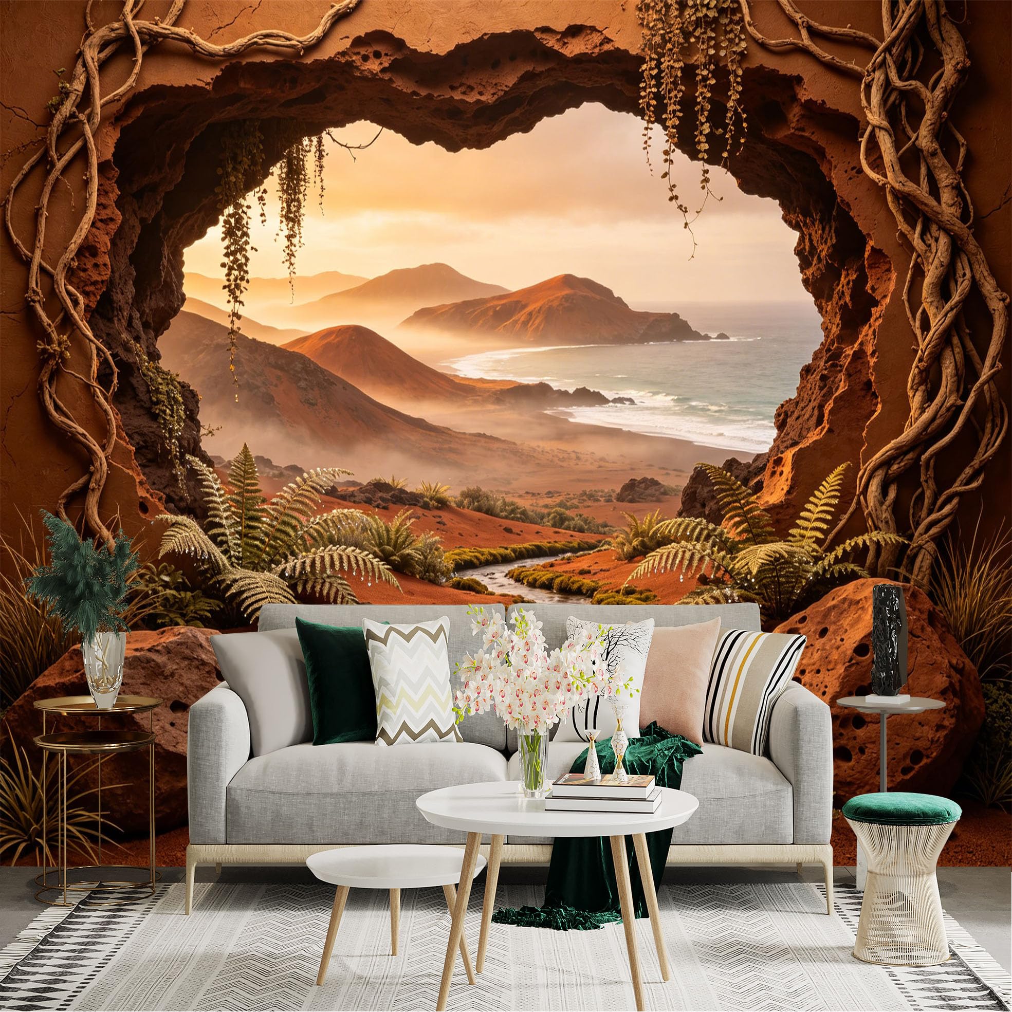 Custom Size Wall Sticker Mural， Desert Canyon with Ocean View， Ferns and Sunset Landscape， for wall Decoration， peelandstick wall Decals.