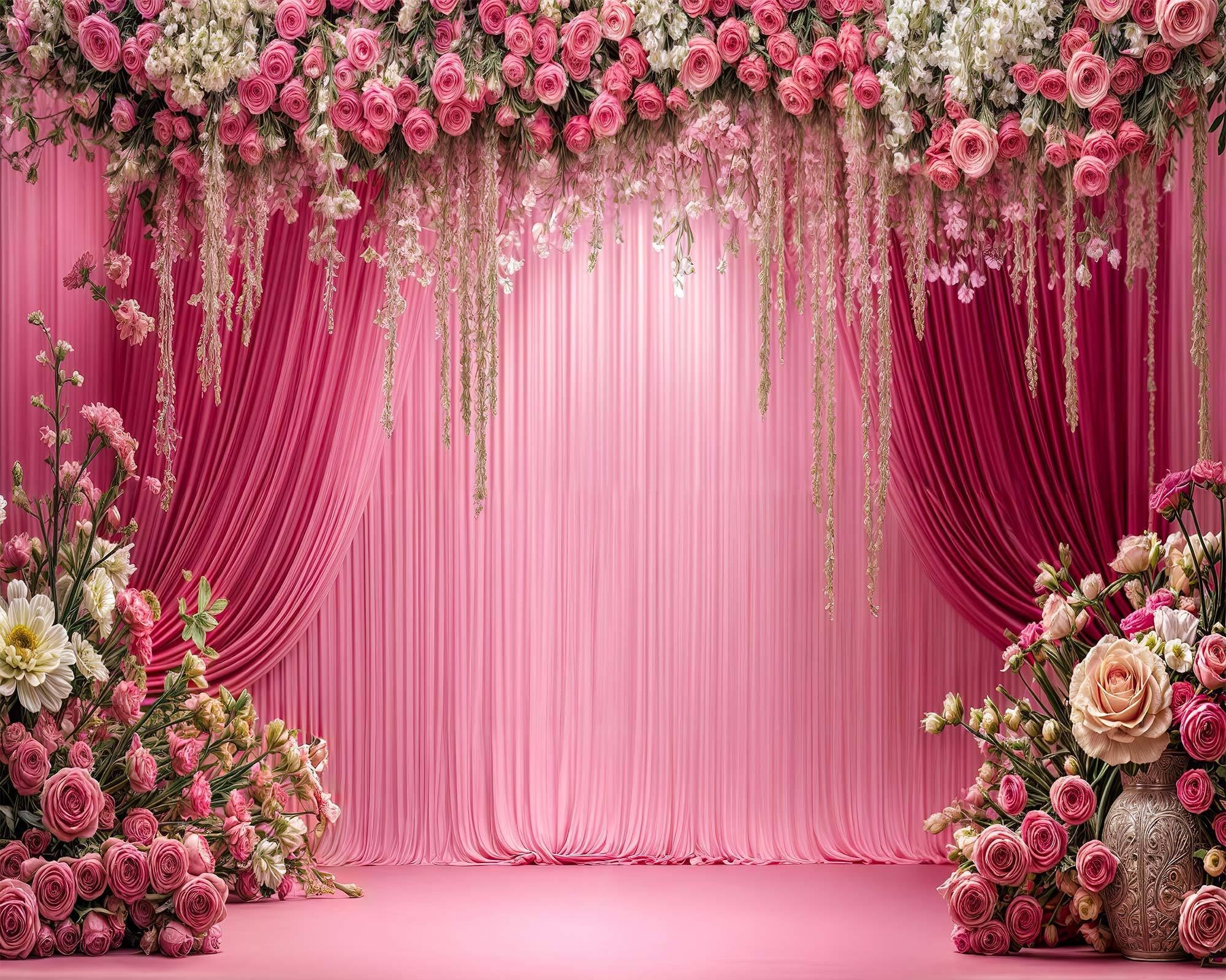 Photo 1 of 10x8ft Pink Floral Photography Backdrop Flower Wall Shiny Pink Curtain Wedding Bridal Girl Baby Shower Background for Girls Women Princess Birthday Party Studio Booth Portrait Photoshoot Props