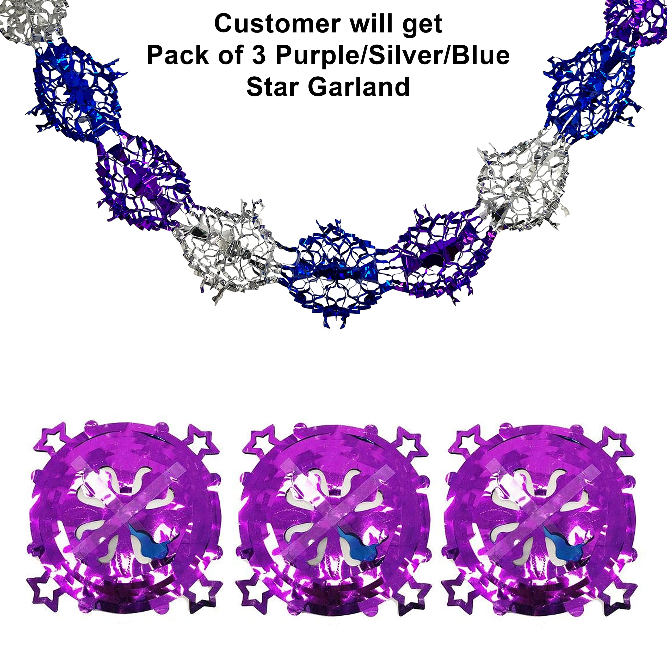 Christmas Hanging Ceiling Foil Wall Decoration Best For Party Decoration (Pack of 3 Purple/Silver/Blue Star Garland) - Image 2
