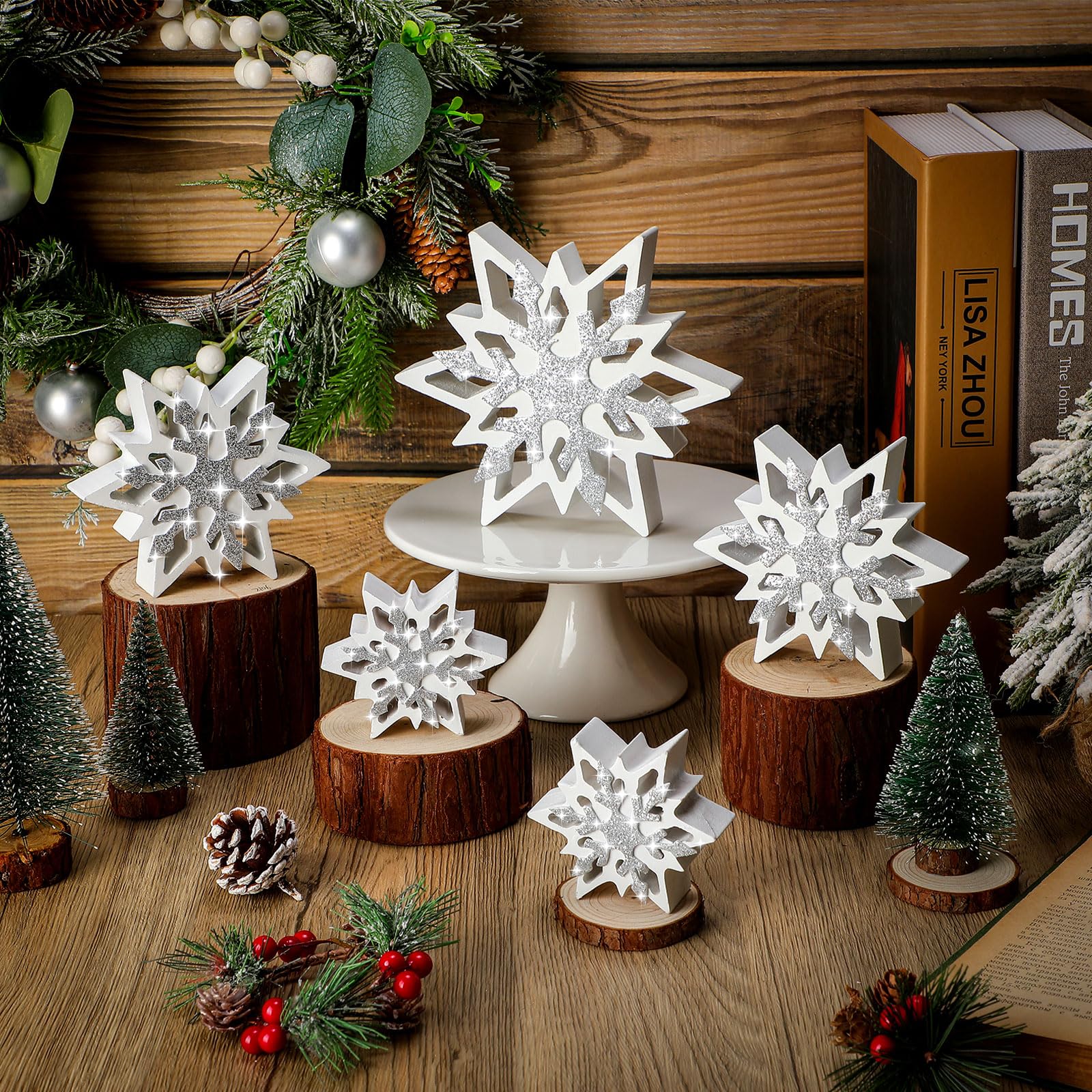 Suzile 5 Pcs Large Thick Wooden Glitter Snowflake Decorations - Winter Farmhouse Snowflake Centerpieces & Table Signs for Xmas Home Office Table Mantel Fireplace Shelf