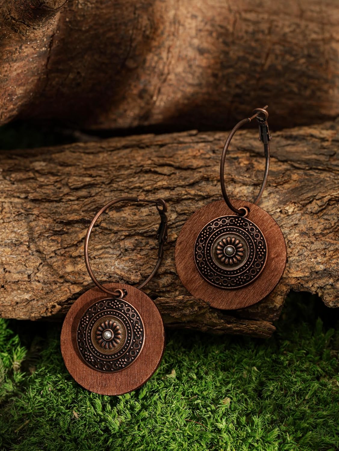 MINACHI Vintage Boho Multilayered Antique Metal Flower Charm Wooden Disc Dangle Drop Earrings, Bohemian Statement Jewelry Gift for Women - Image 4