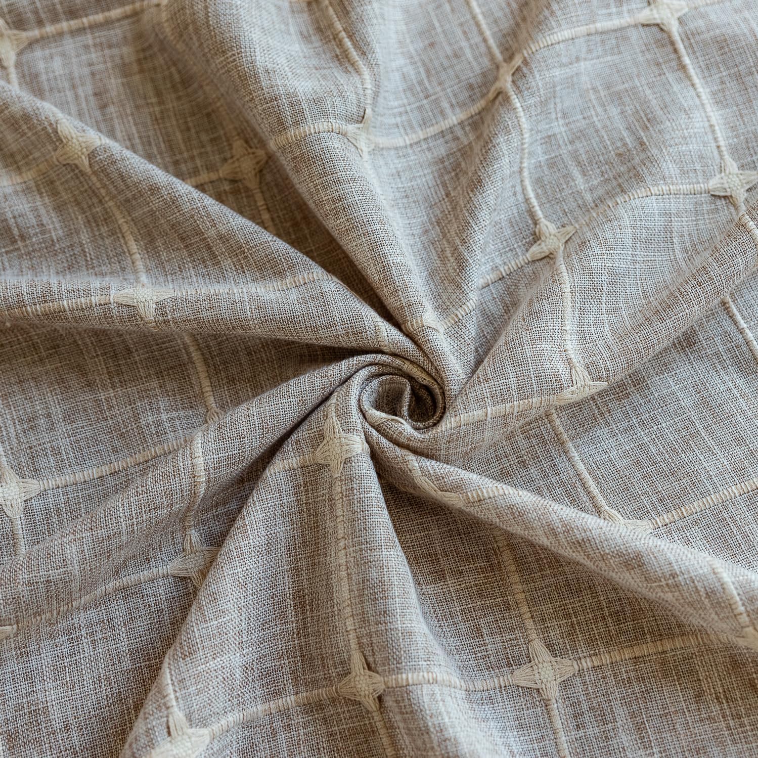 2 Panel Cotton Linen Boho Curtains 84 Inches Long for Living Room Bedroom, Kitchen, Plaids Lattice Embroidered Semi Blackout Bohemian Farmhouse Window Treatment Grids Drape Tassels,Khaki