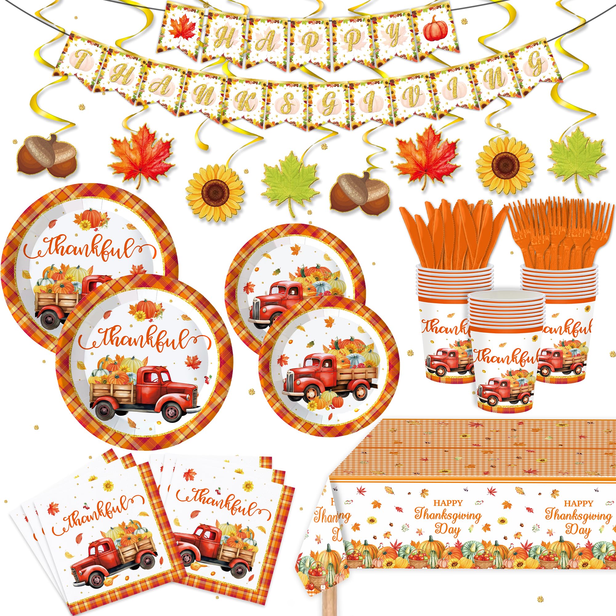 132 PCS Thanksgiving Party Supplies for Friends to Give Away Cutlery Sets Pumpkin Paper Plates Pumpkin Leaf Cups And Napkins for Autumn Thanksgiving Party Decorations