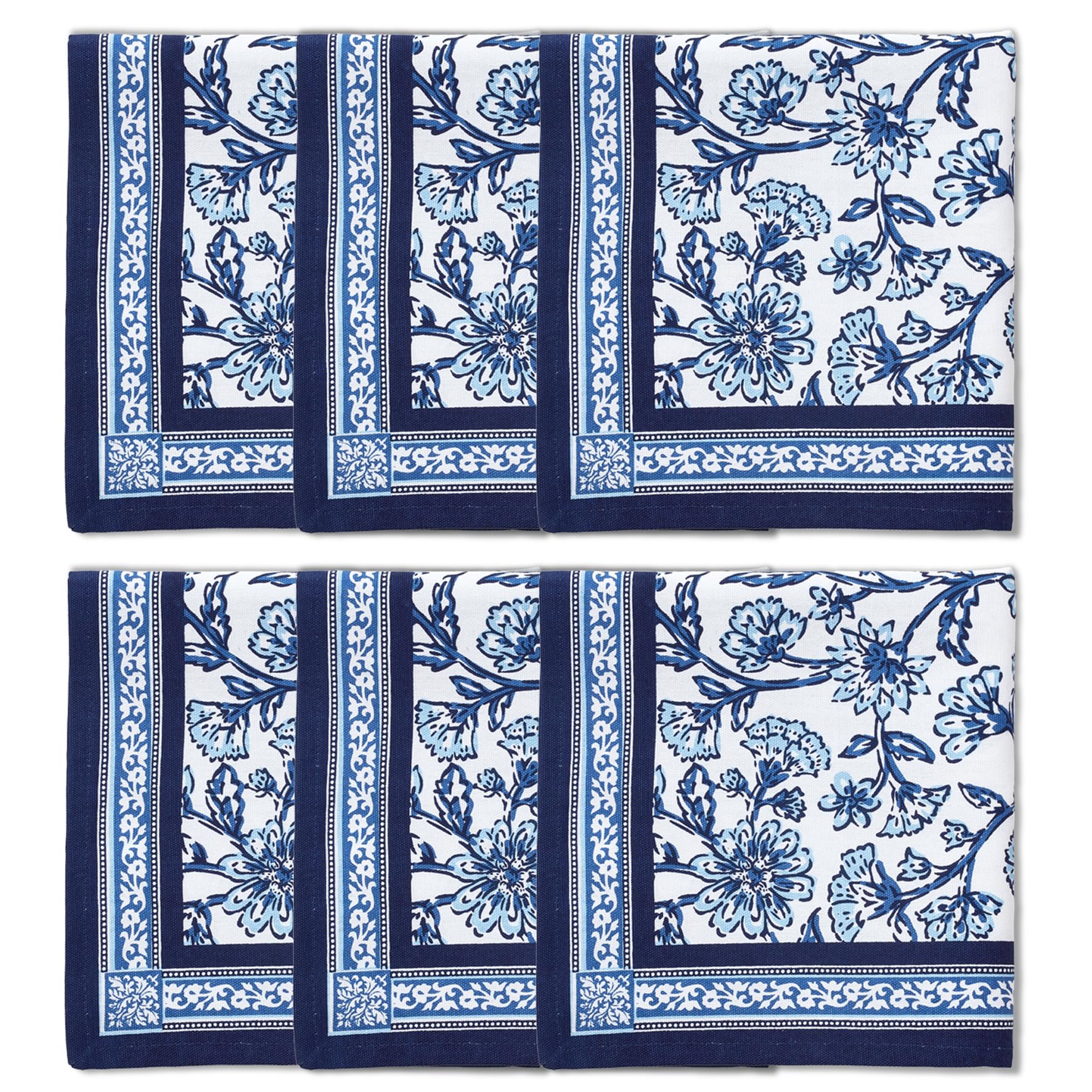 Encasa XO Dining Table Napkins Set of 6 | Indigo-02 Block Printed Cotton Canvas Cloth Napkin - 45x45 cm | Jaipur Sanganeri Hand Print