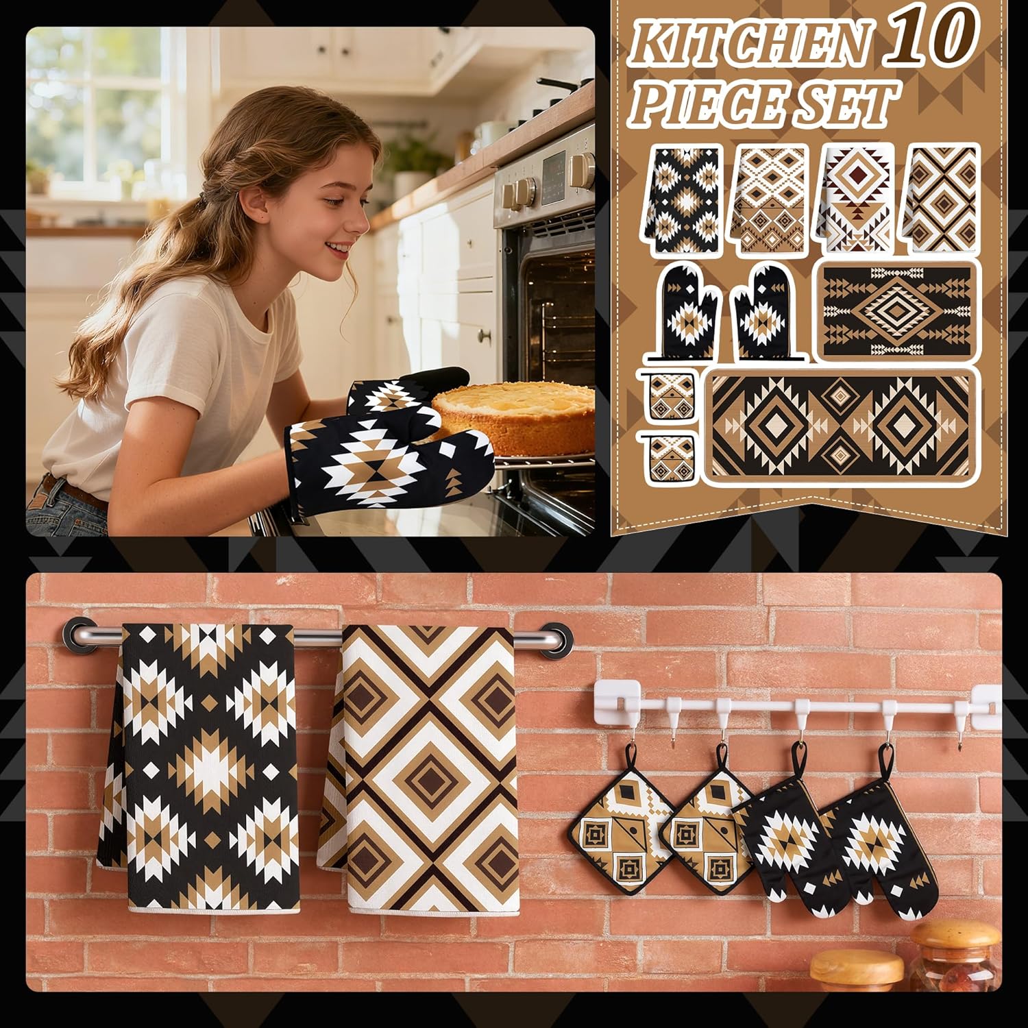 10 Pcs Western Aztec Kitchen Decor and Accessories Set 4 Kitchen Dish Towels 2 Pot Holders 2 Oven Mitts 2 Rugs for Floor Home Decorations Cooking Baking Mom Daughter Gifts Black White Brown - Image 3