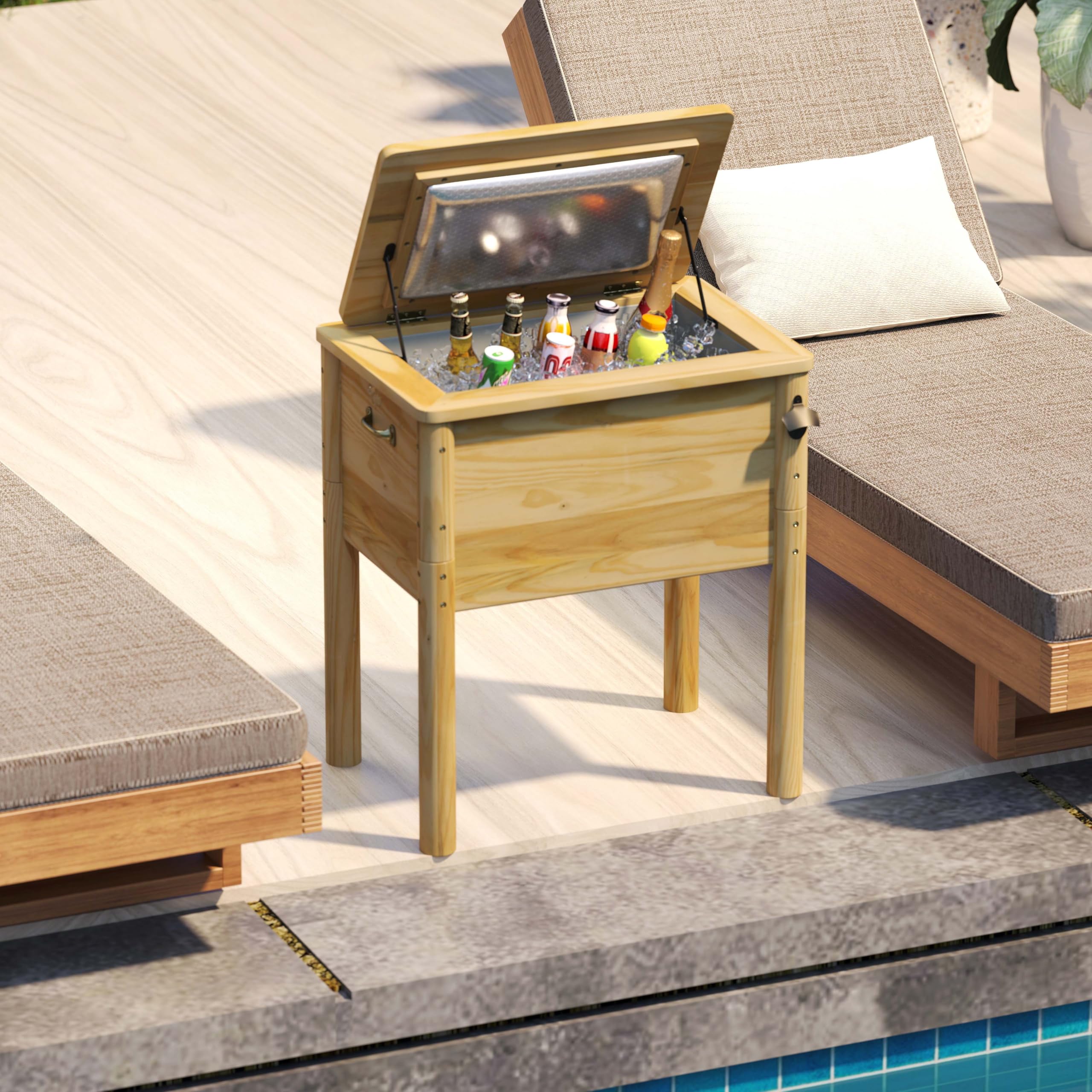 COSTWAY Getränkekühler Holz, 51 L Outdoor-Terrassenkühler mit 3 Griffen & Flaschenöffner, rustikale Eistruhe mit Abflussverschluss für Garten, Terrasse, Pool, Party, BBQ Cookouts, 67 x 47 x 74 cm