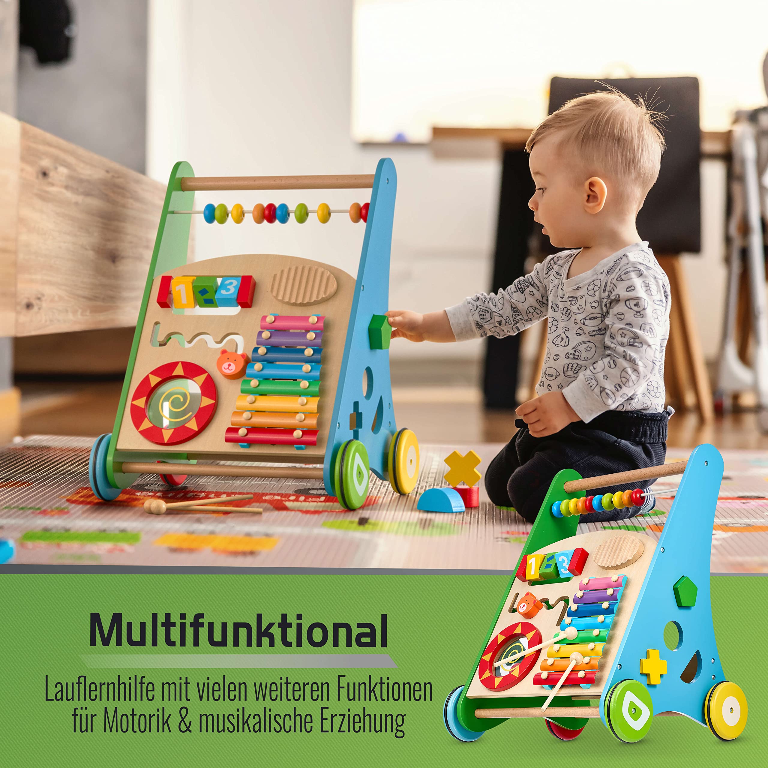 Balinco Lauflernwagen Holz, Lauflernhilfe Baby, Babywalker, Gehhilfe Baby, Lernlaufwagen, Motorikwagen, Kippsicher & Stabil, Handgefertigt, Echtholz