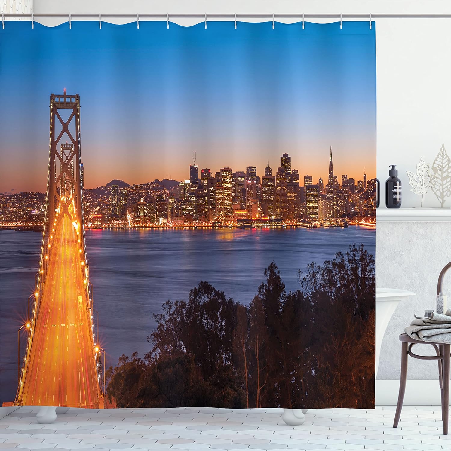 Ambesonne City Shower Curtain, Bay Bridge San Francisco California USA Urban Engineering Landmark Print, Cloth Fabric Bathroom Decor Set with Hooks, 69" W x 75" L, Pale Blue Orange Dimgrey