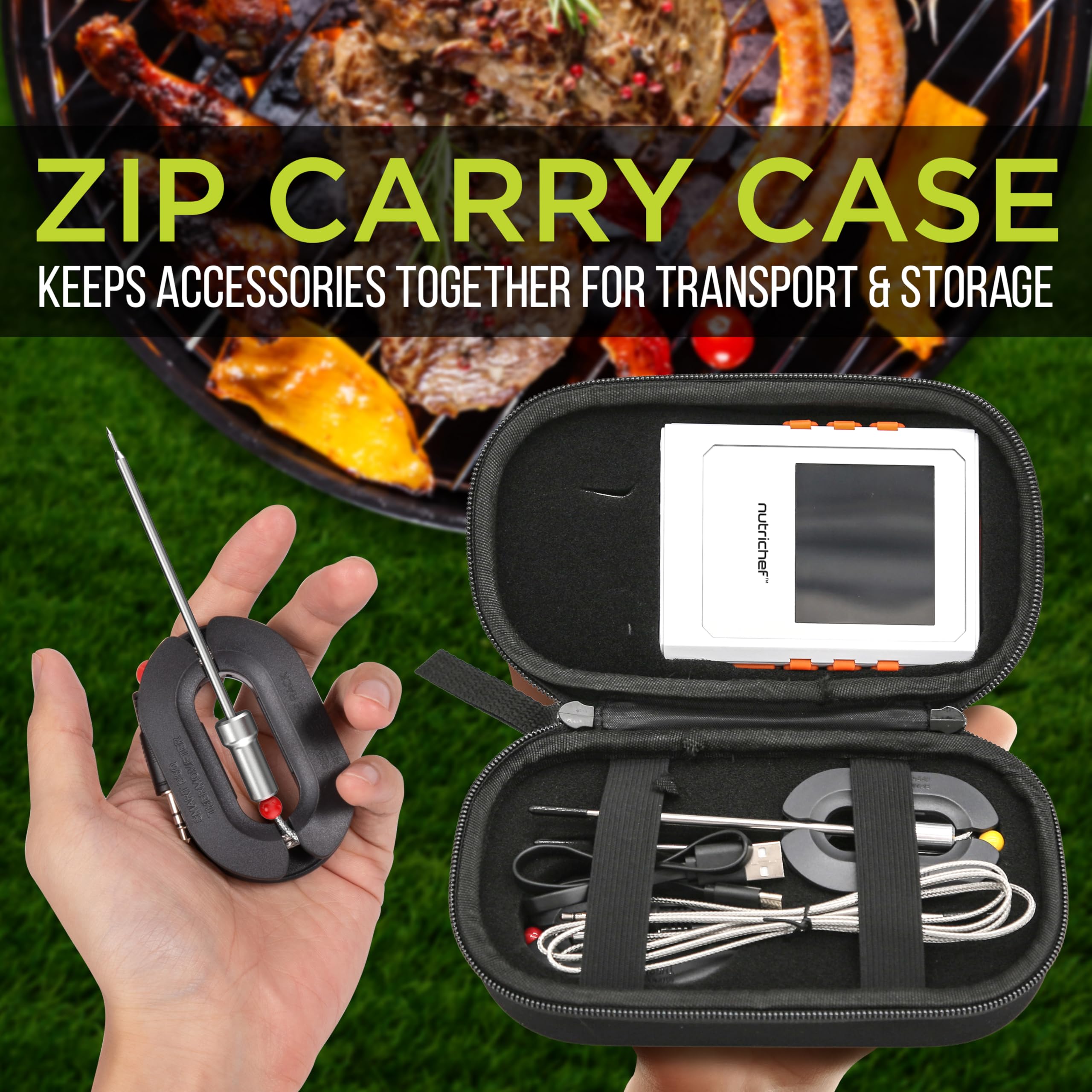 Nutrichef Termómetro inalámbrico para carne con 2 sondas de acero inoxidable, aplicación Bluetooth y WiFi para smartphone para monitorear la temperatura de los alimentos y alertas remotas, pantalla