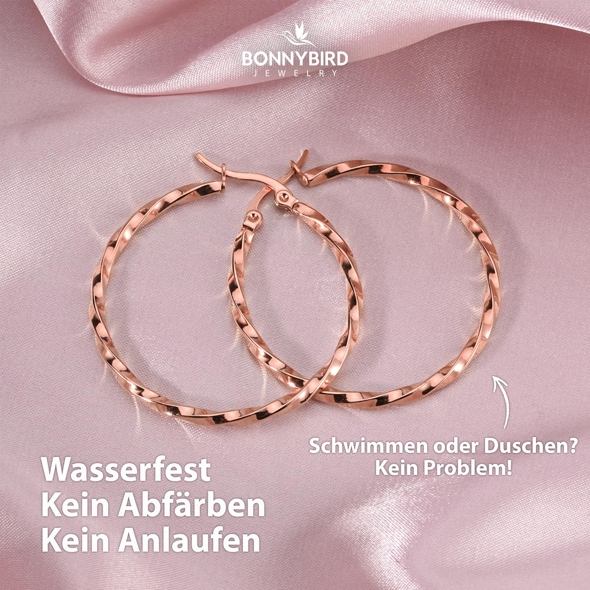 BONNYBIRD® Wasserfeste Edelstahl Creolen Groß in Silber, Gold & Roségold - Ohrringe Damen aus hochwertigem Chirurgenstahl, 100% Wasserfest & Hautverträglich "BonnyFly" (40 mm)